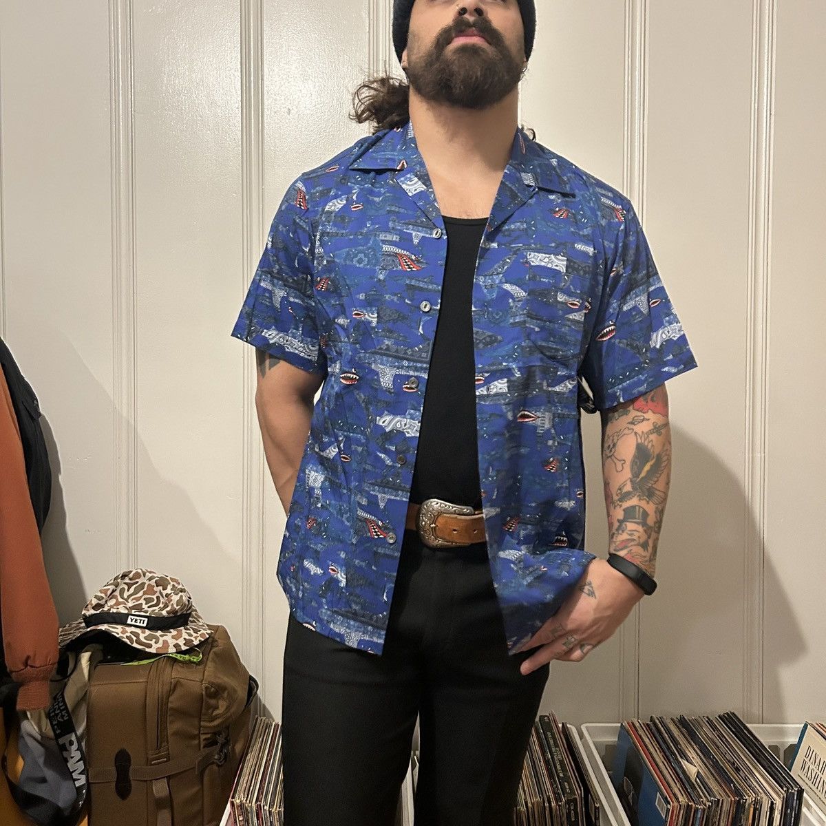 Schott Camp Collar Paisley Shark Print Button Up Shirt