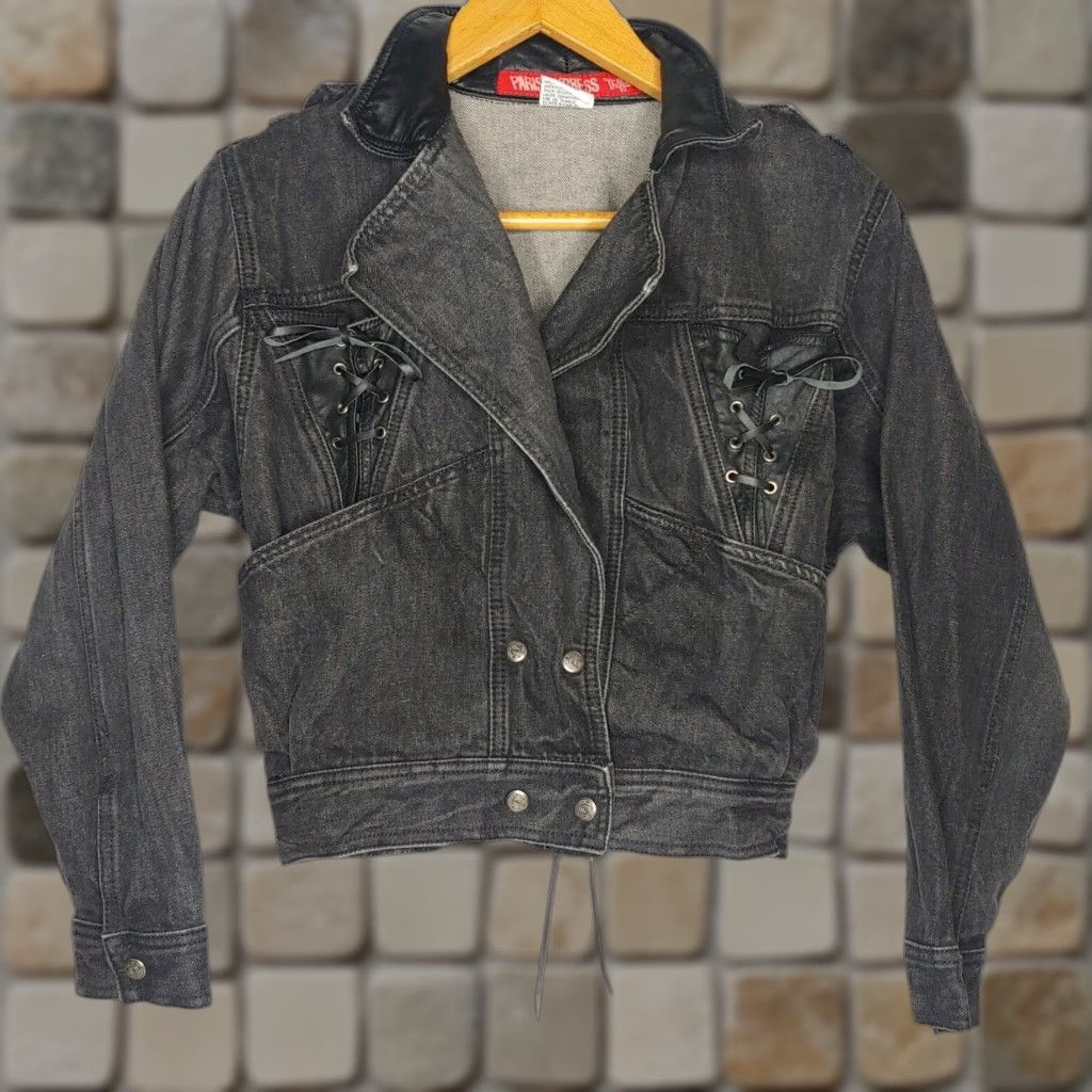 Express VINTAGE Paris Express Denim Jacket Womens Small Black Casual 80s Retro Short Cotton Snap Lace Up Size S / US 4 / IT 40 - 1 Thumbnail