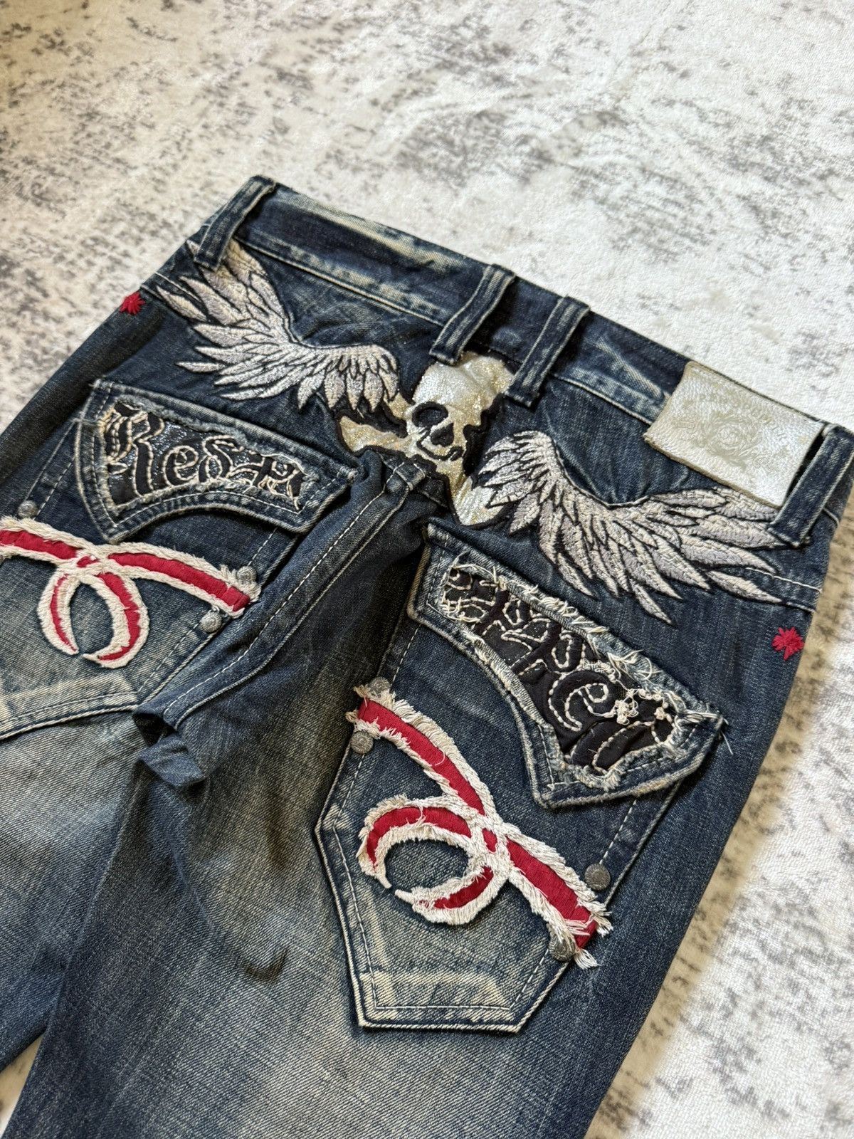If Six Was Nine Red Pepper Japan Goth Skull Wings Embroidered Flared Jeans Size US 30 / EU 46 - 4 Thumbnail