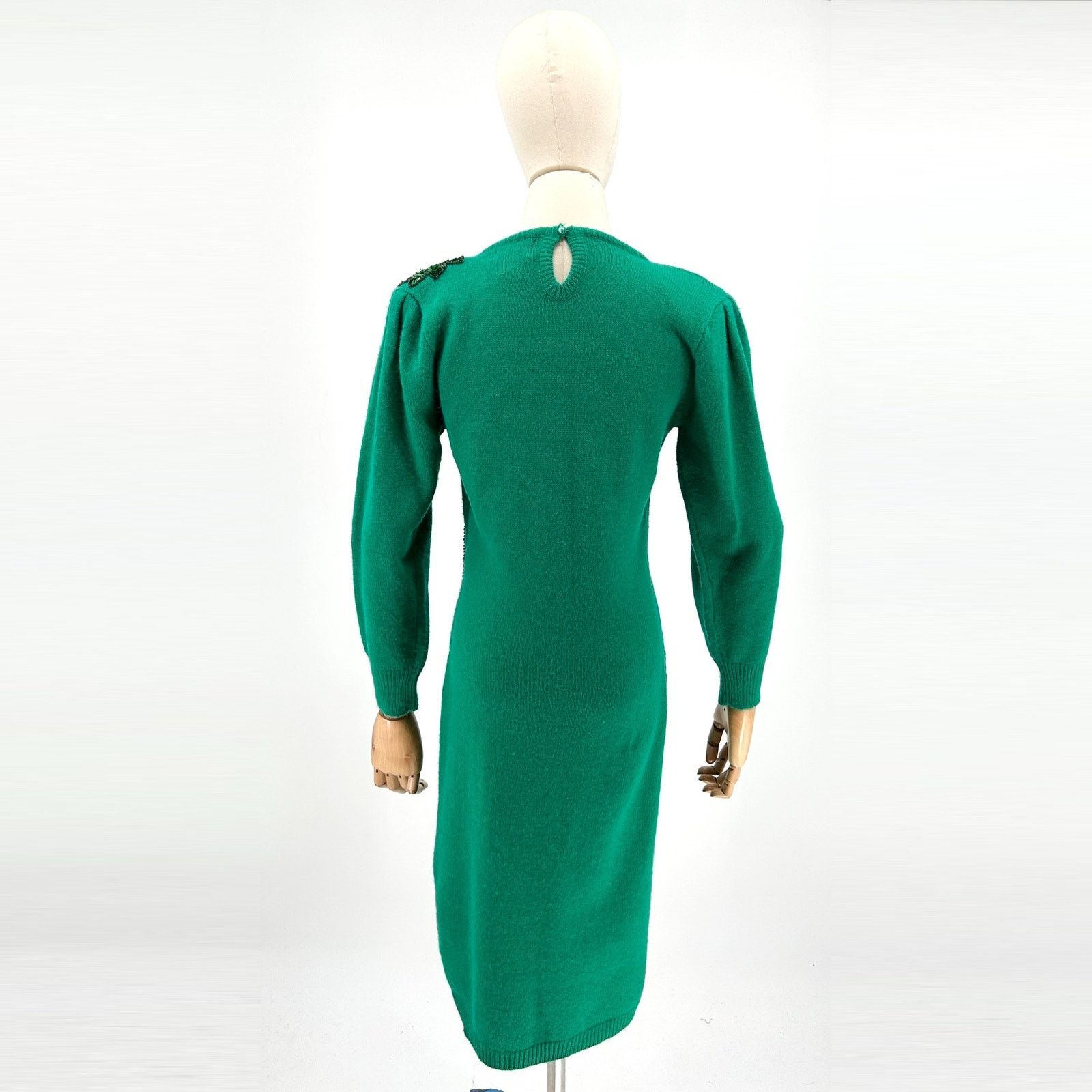 Vintage 80s Interim Green Sequin Shoulder Pad Knit Sweater Dress Size S / US 4 / IT 40 - 4 Thumbnail