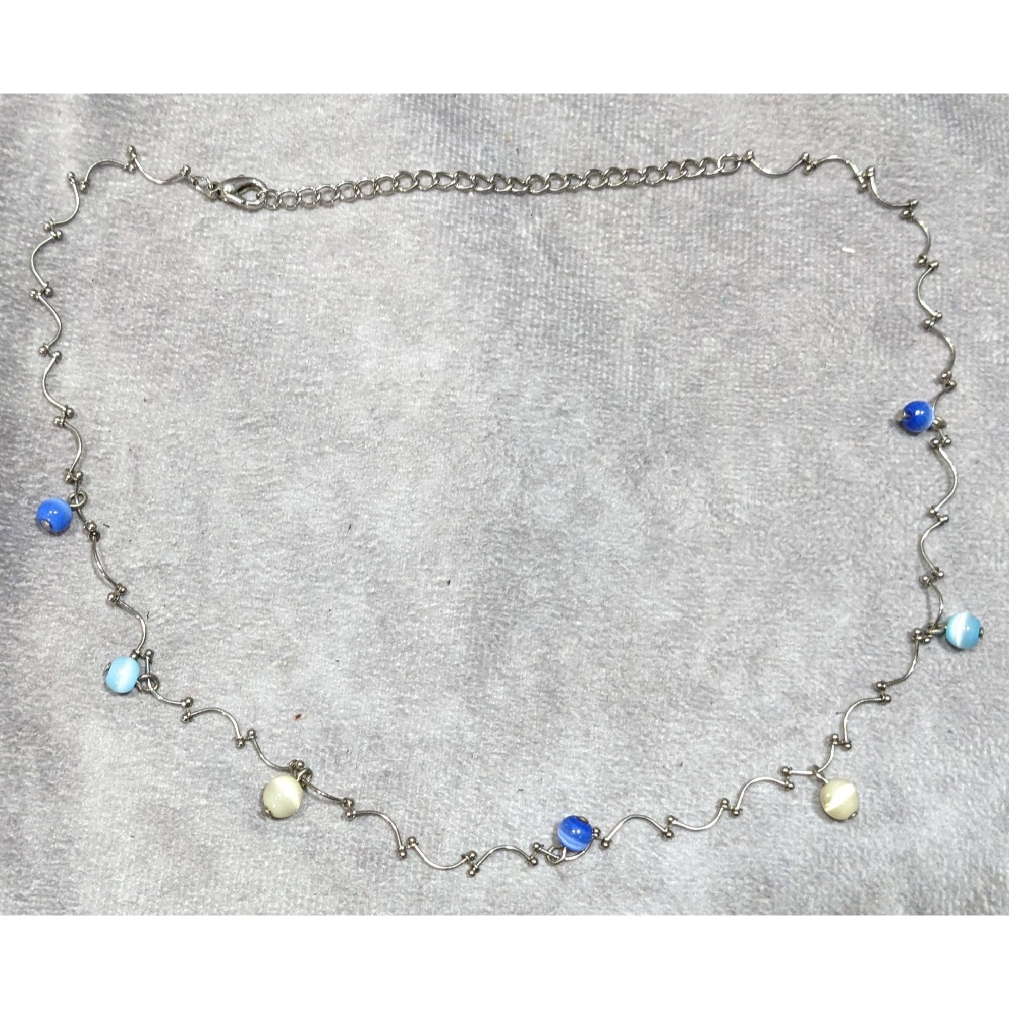 Other Retro Blue And Yellow Cateye Beaded Silver Tone Wiggly Chain Size ONE SIZE - 5 Thumbnail
