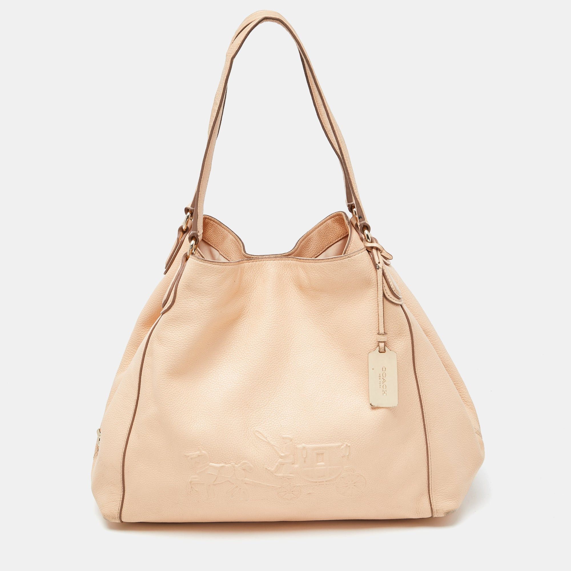 image of Coach Peach Leather Horse Carriage Edie Shoulder Bag in Orange, Women's