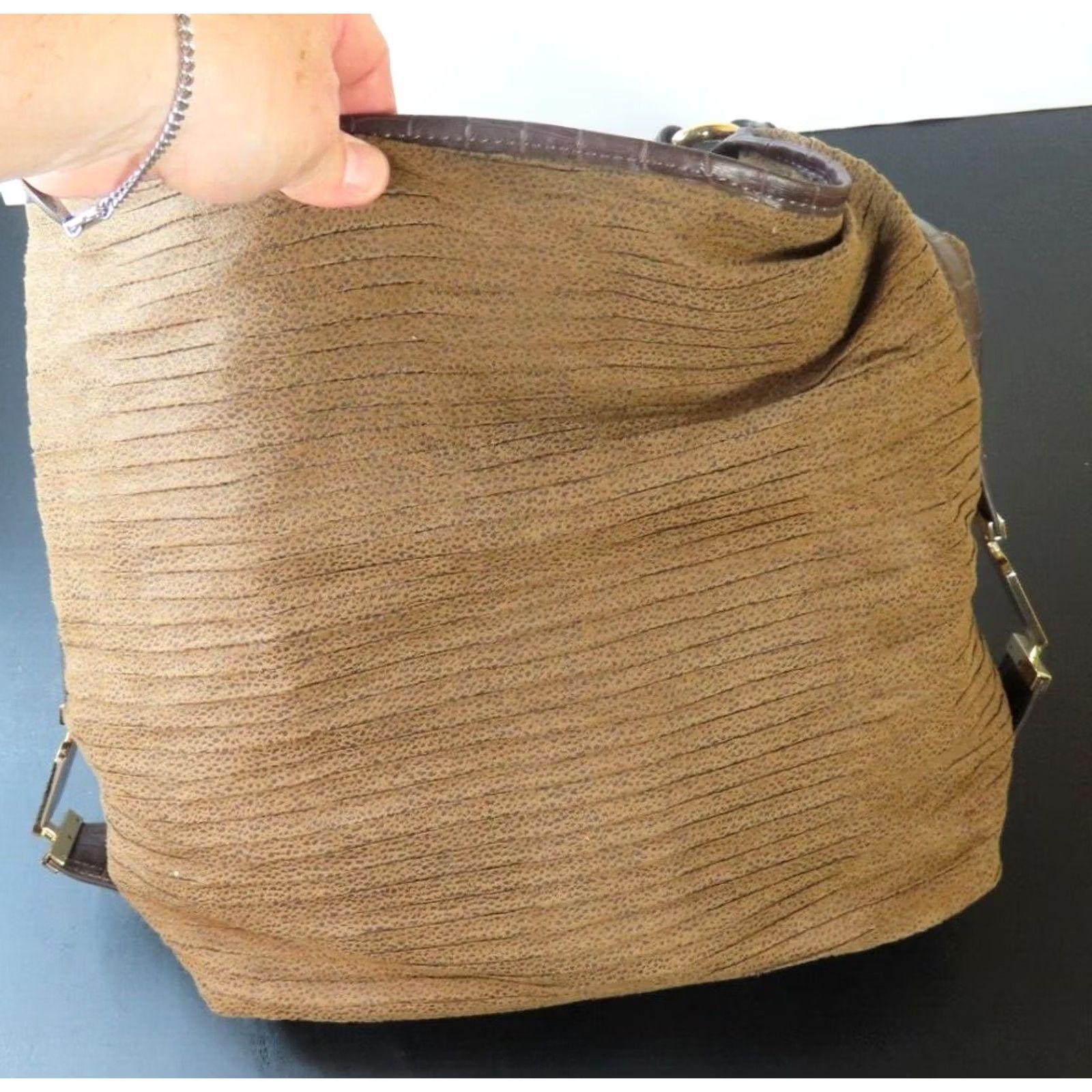 Vintage Dana Buchman Brown Ridged Cloth Handbag Satchel/Top Handle Bag 13"x6"x11" Women Medium Solid PU Magnetic Logo Bag Charm Vintage No Brown Size ONE SIZE - 4 Thumbnail
