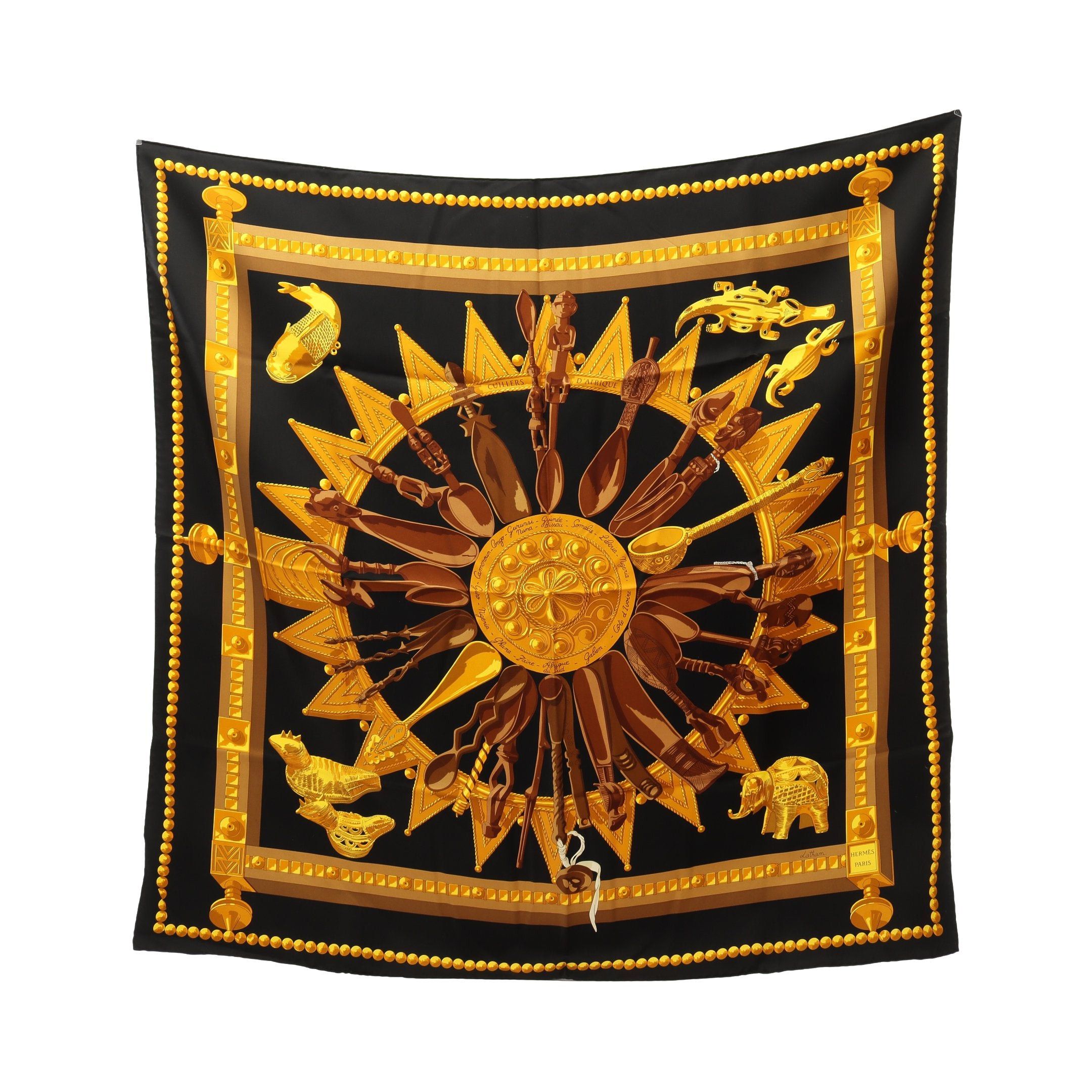 Hermes Hermes Carres 90 Cuillers D'Afrique Scarf Silk Black Yellow Size ONE SIZE - 1 Thumbnail