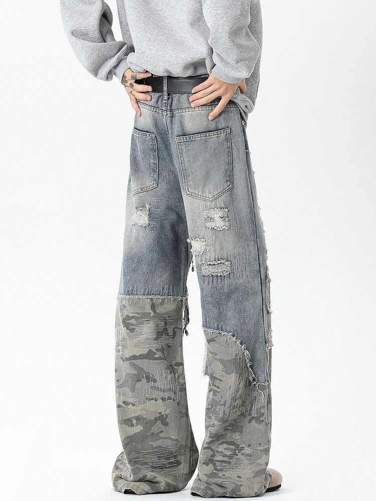 Japanese Brand Street men's loose stitching wide-leg straight ripped jeans Size US 32 / EU 48 - 5 Thumbnail