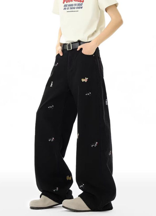 Japanese Brand Men's washed distressed wide-leg puppy embroidered jeans Size US 32 / EU 48 - 2 Thumbnail