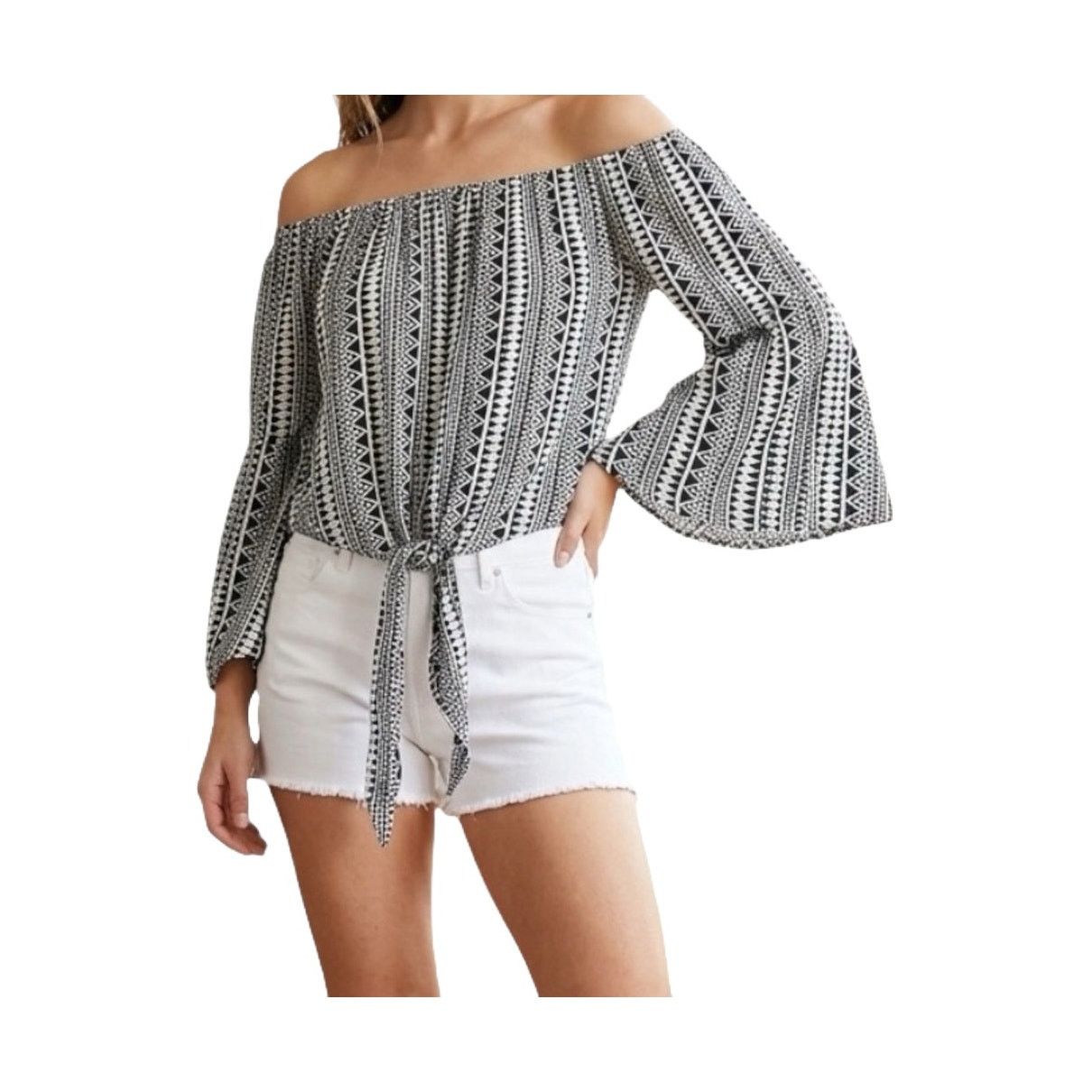 ELAN Elan Boho Tie Front Flutter Sleeve Crop Top Cream Black S Size S / US 4 / IT 40 - 1 Thumbnail