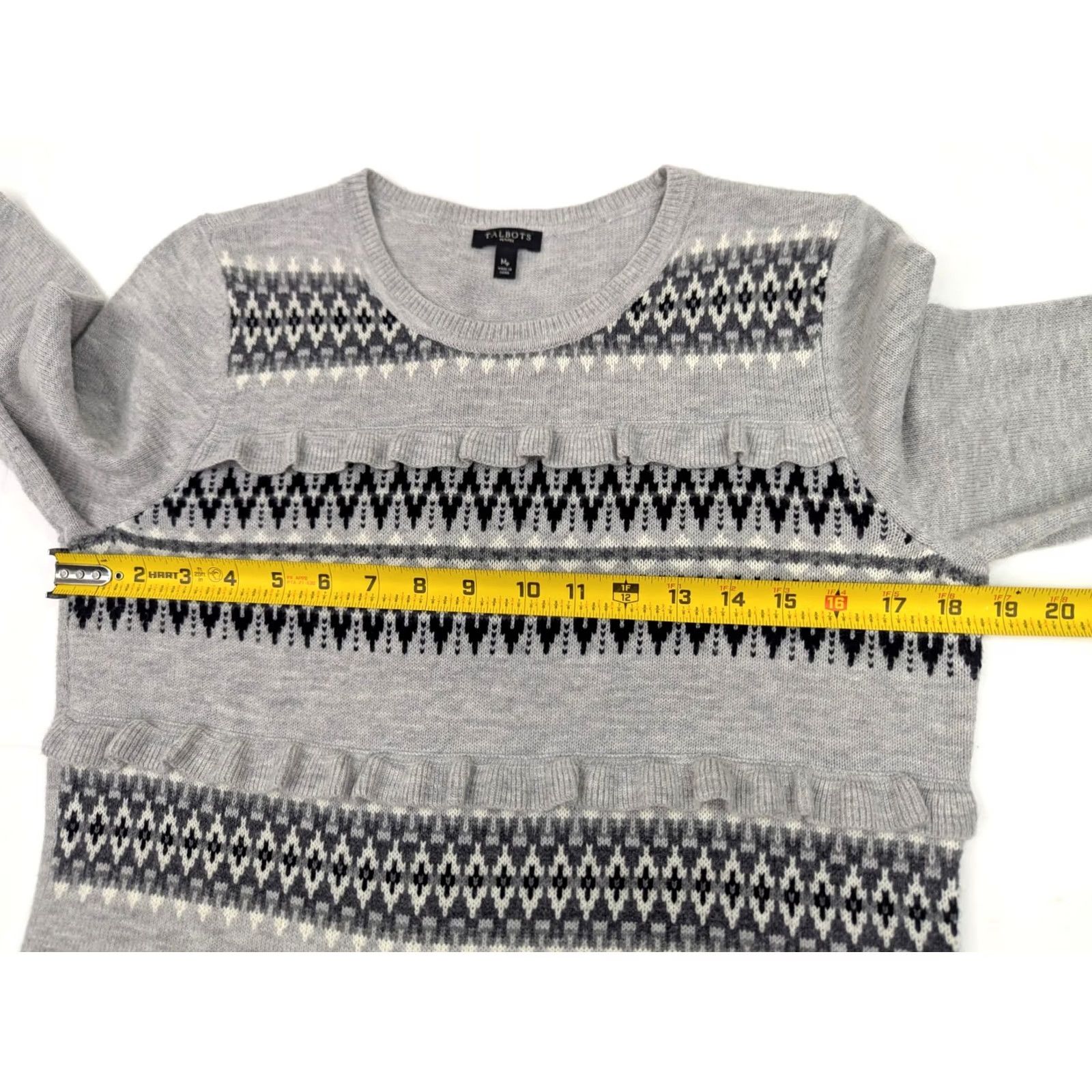 Talbots Talbots Nordic Print Ruffled Front Knit Sweater Women MP Gray Black Lambswool Blend Size M / US 6-8 / IT 42-44 - 6 Thumbnail
