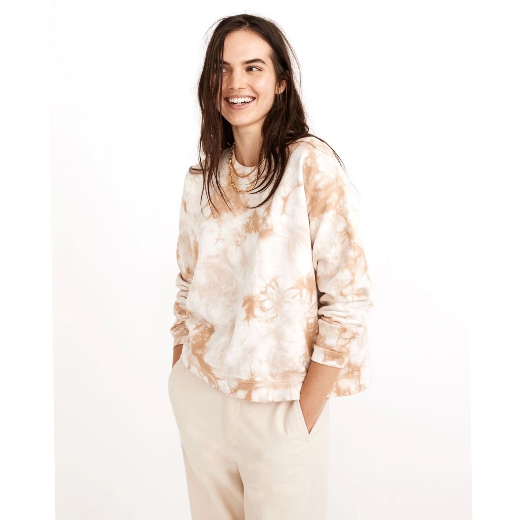 Madewell Madewell Tie-Dye Sweatshirt Crewneck Pullover (Re)sourced Cotton White Tan Sz S Women Long Sleeve Pullover Tan 100% Cotton Vintage? Size S / US 4 / IT 40 - 2 Thumbnail