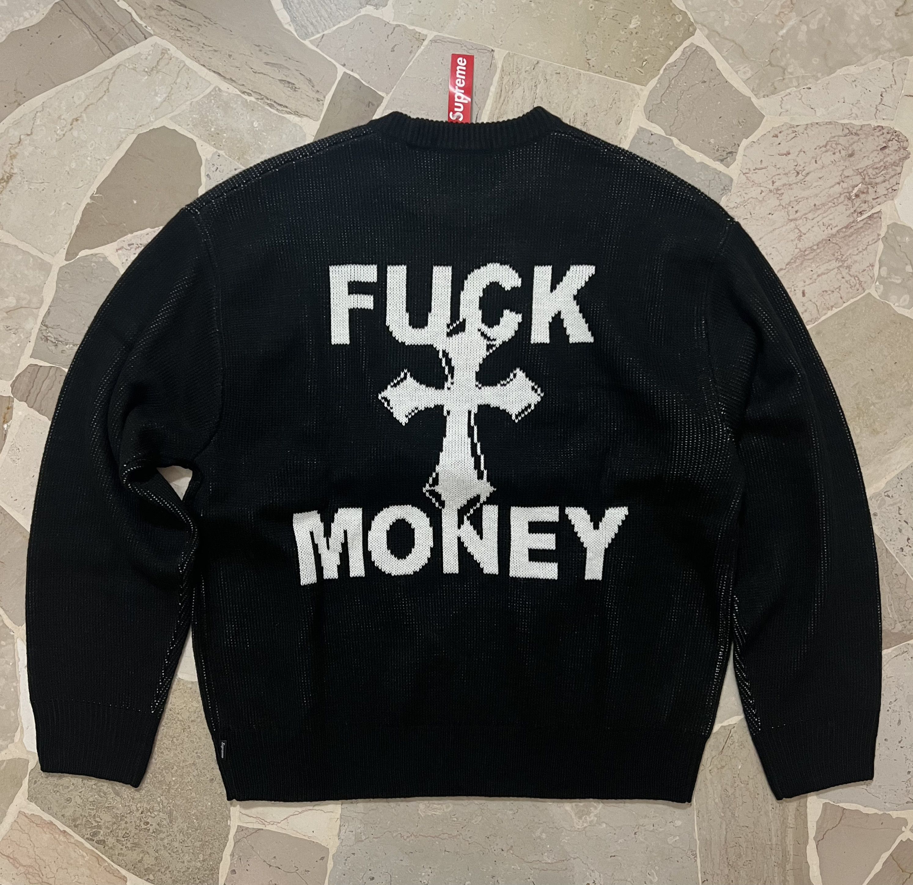 Supreme L Supreme Fuck Money Sweater black crewneck cross