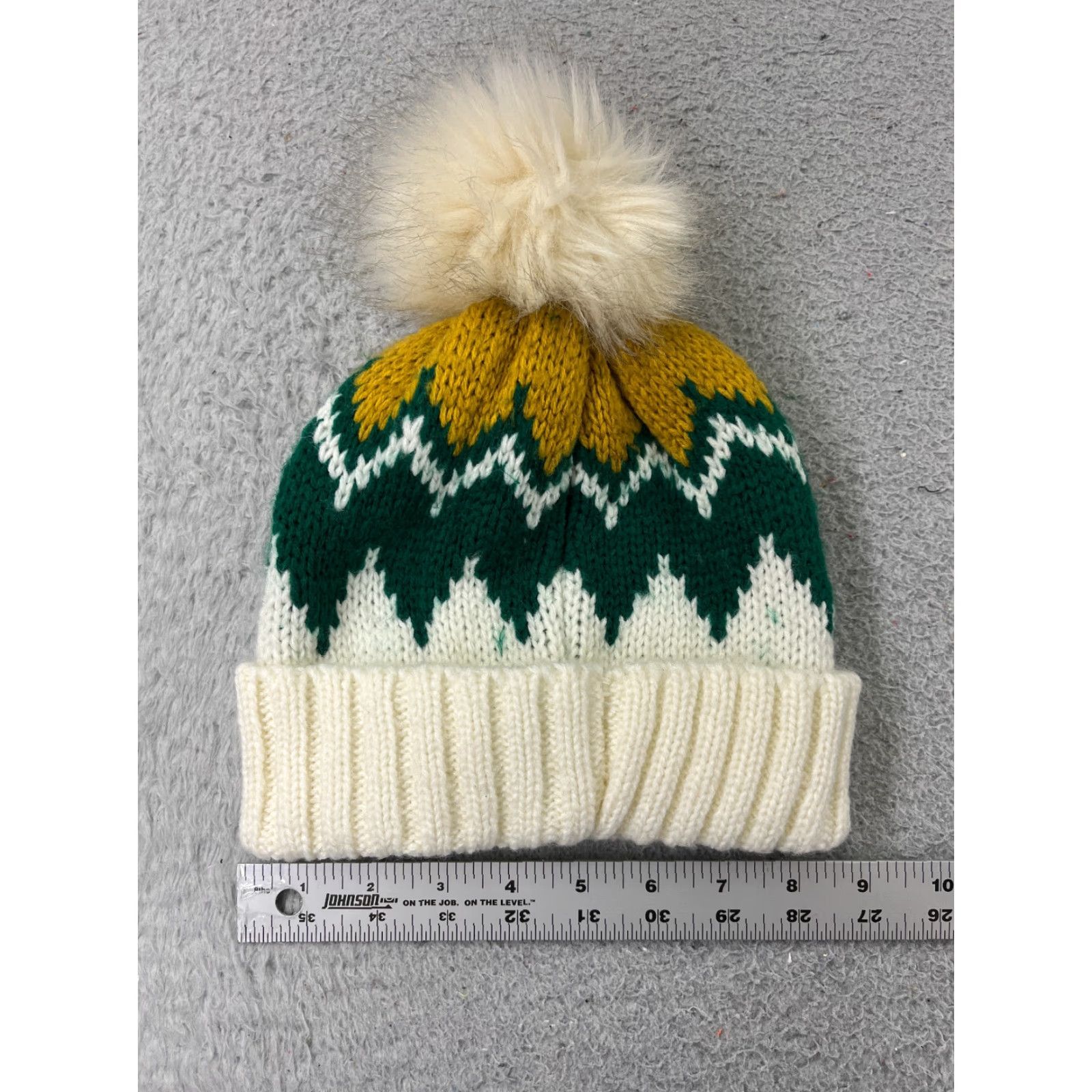 Vintage Flystpp Beanie Womens One Size Green White Chevron Knit Wool Blend Pom Hat Size ONE SIZE - 4 Thumbnail