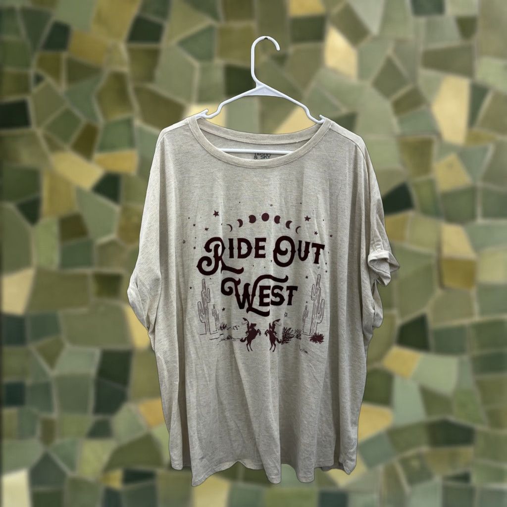 Vintage Terra & Sky Womens Shirt Size 4X Ride Out West Velvet Letters Short Sleeve Brown 4X Shirt Womens Plus Casual Sleeve V-Neck Tea & Sky? Size XXL / US 16-18 / IT 52-54 - 1 Thumbnail