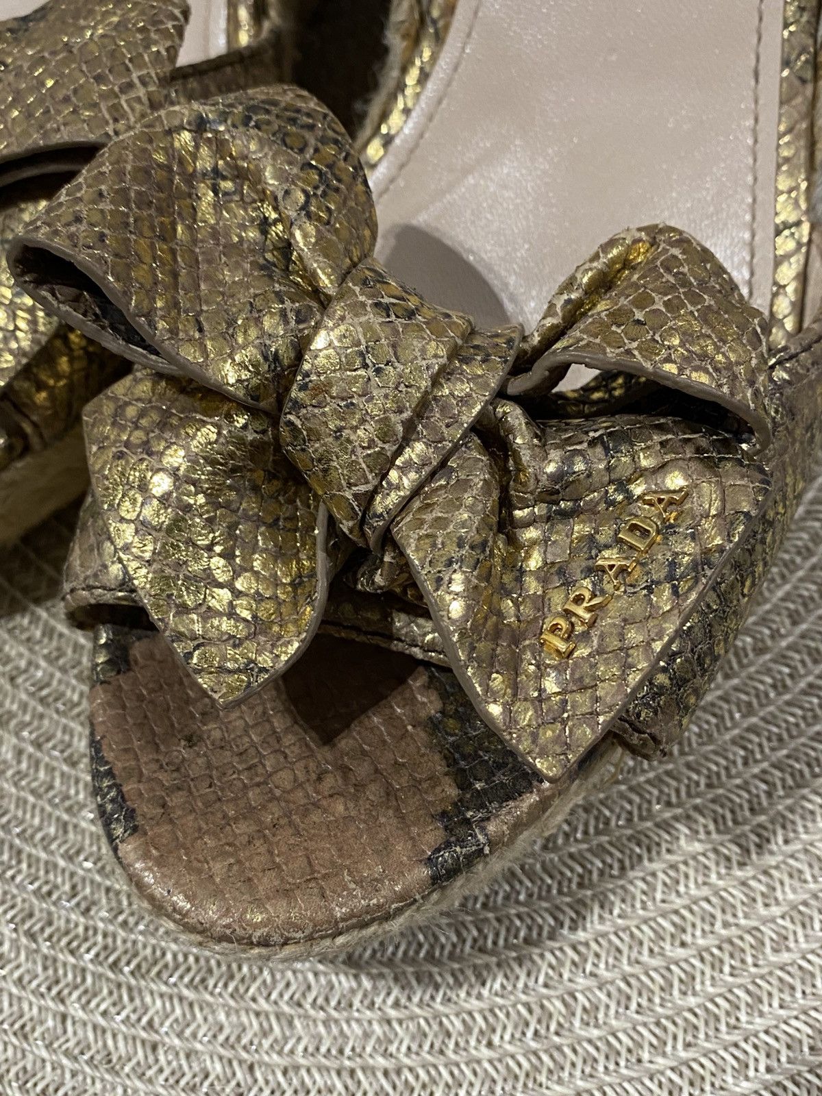 Prada Prada Bow Sandals with Ankle Strap Gold Snakeskin Leather Size US 11 / IT 41 - 3 Thumbnail