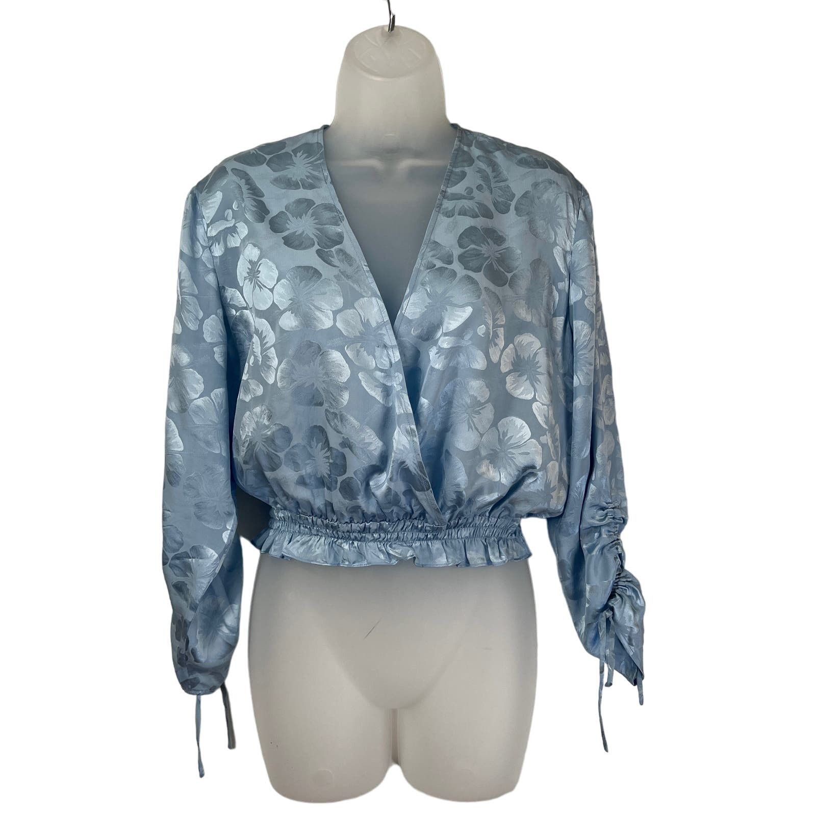 image of Veda Silk Surplice Top Cropped Ruched Drawstring Sleeves in Blue, Women's (Size Medium)
