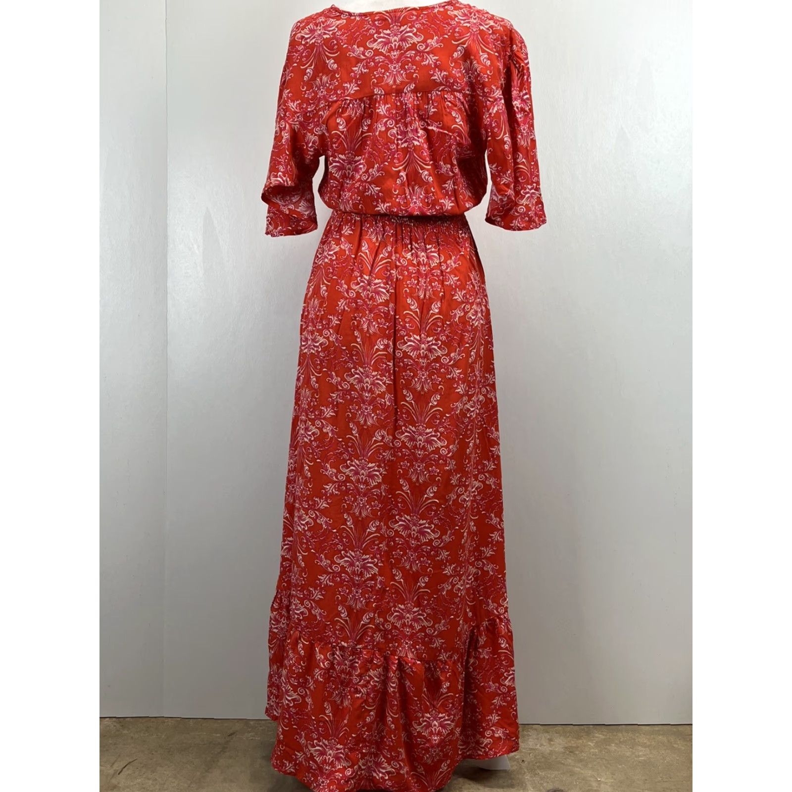 Vintage VINTAGE? No, but style: Abel The Label Maxi Dress Boho Hi Lo Floral V-Neck Short Sleeve Orange XS Women’s Regular Spring Summer Bohemian Dress Women Size XS / US 0-2 / IT 36-38 - 3 Thumbnail