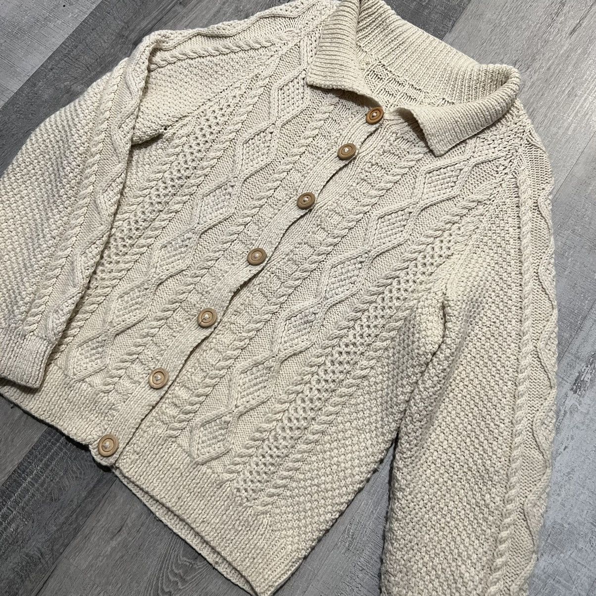 Handmade × Vintage VTG Ivory Beige Wool Cable Knit Fisherman Button Sweater Size L / US 10 / IT 46 - 3 Thumbnail