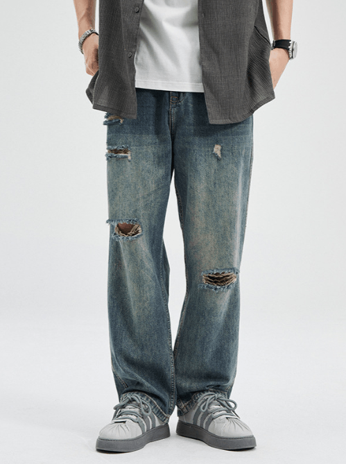 Japanese Brand Japanese washed distressed retro straight loose ripped jeans Size US 32 / EU 48 - 1 Thumbnail