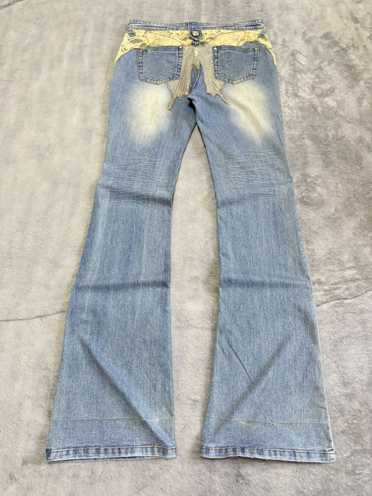Japanese Brand × Vintage Embellished Butterfly Studded Rhinestone Flared Jeans Size 29" - 1 Thumbnail