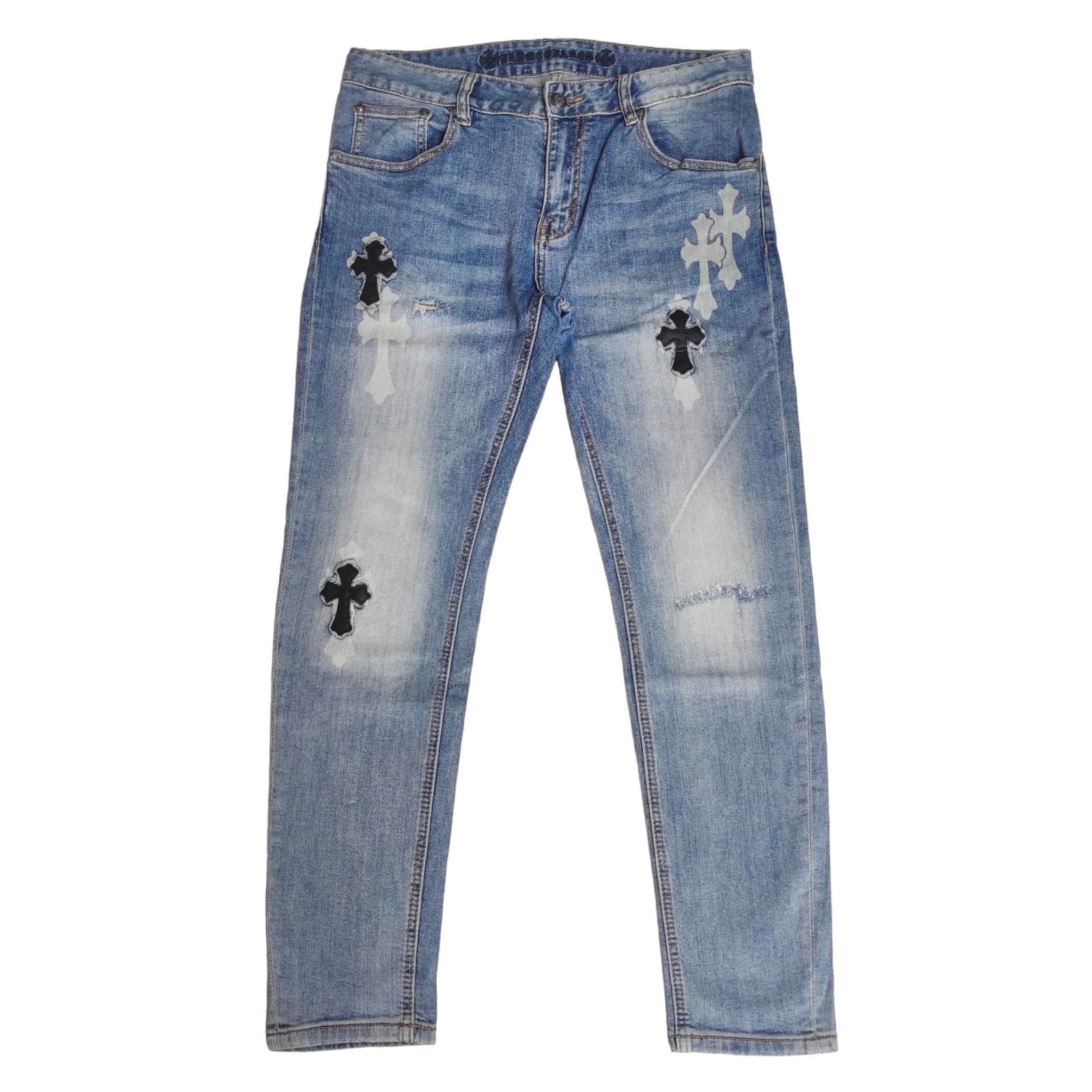 Distressed Denim Chrome Hearts Style