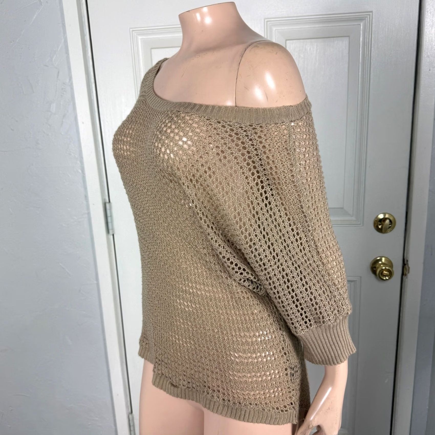 Vintage VINTAGE Papaya Shirt Medium Off Shoulder Knit Bohemian Beige Acrylic Short Sleeve US Size M Womens Bohemian 90s Style Casual Size M / US 6-8 / IT 42-44 - 2 Thumbnail