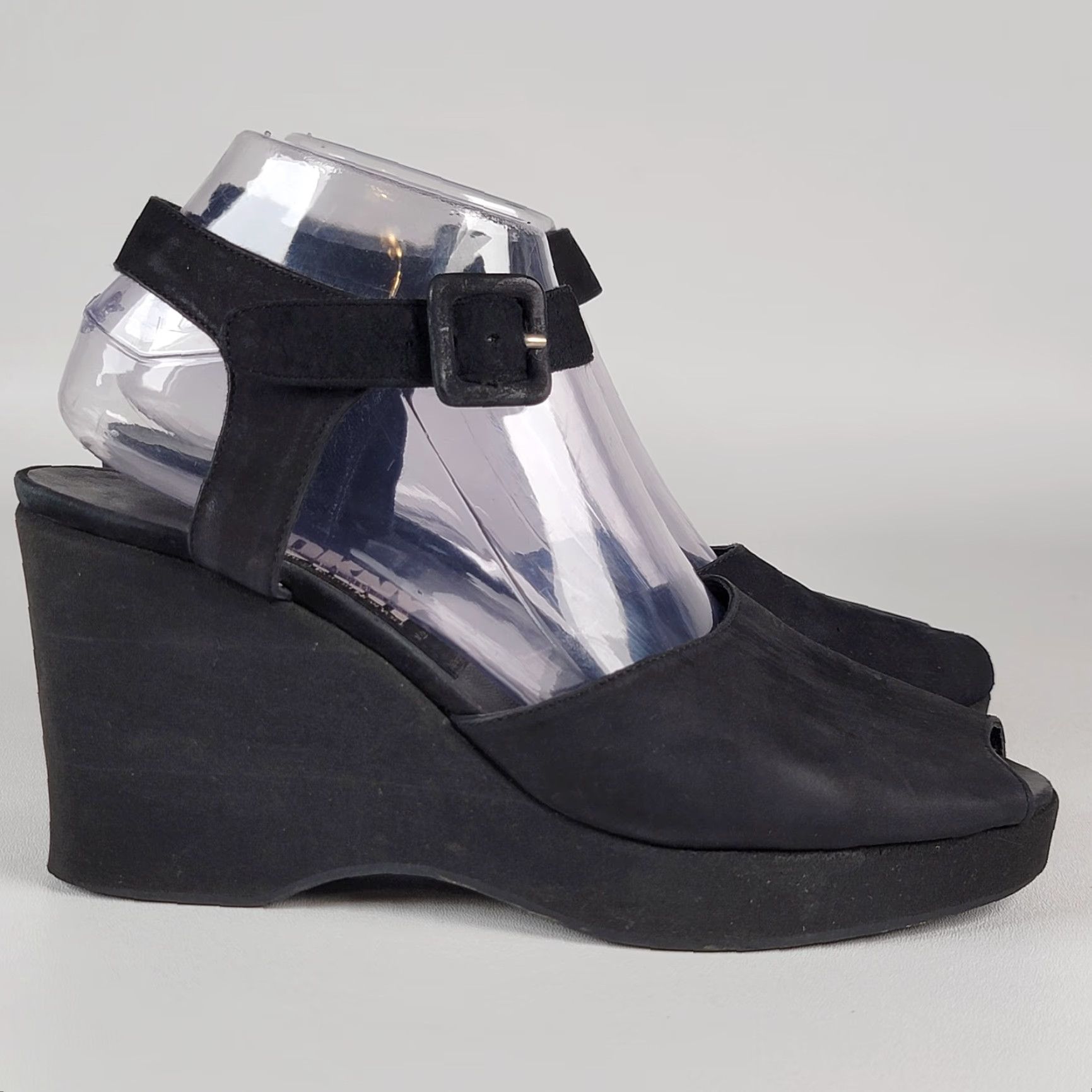 DKNY DKNY Black Suede Platform Women's Size 9.5 Heel, Wedge, Buckle, Peep Toe, Adjustable Strap, High Heel, Platform, Shoe, Women Size US 10 / IT 40 - 2 Thumbnail