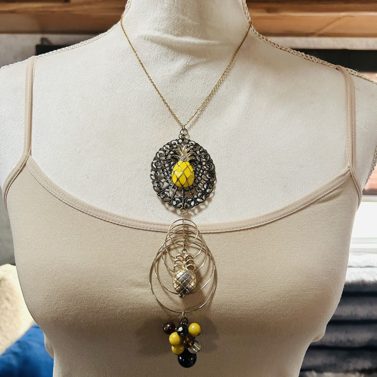 Handmade Handcrafted pineapple dream dangle pendant on chain necklace Size ONE SIZE - 2 Thumbnail