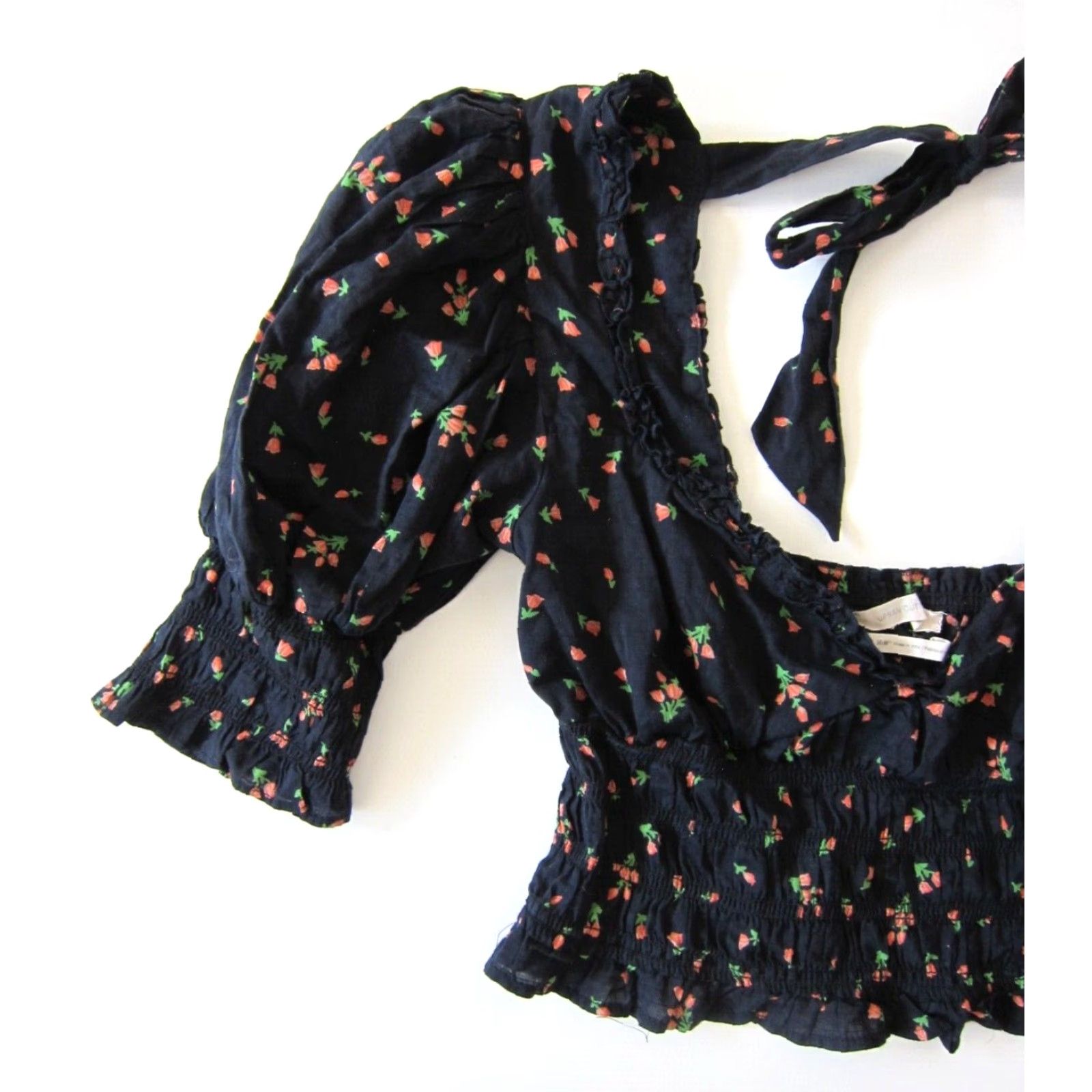 Urban Outfitters VINTAGE Urban Outfitters Cotton Black Orange Green Rose Floral Crop Peasant Blouse M Size M / US 6-8 / IT 42-44 - 6 Thumbnail