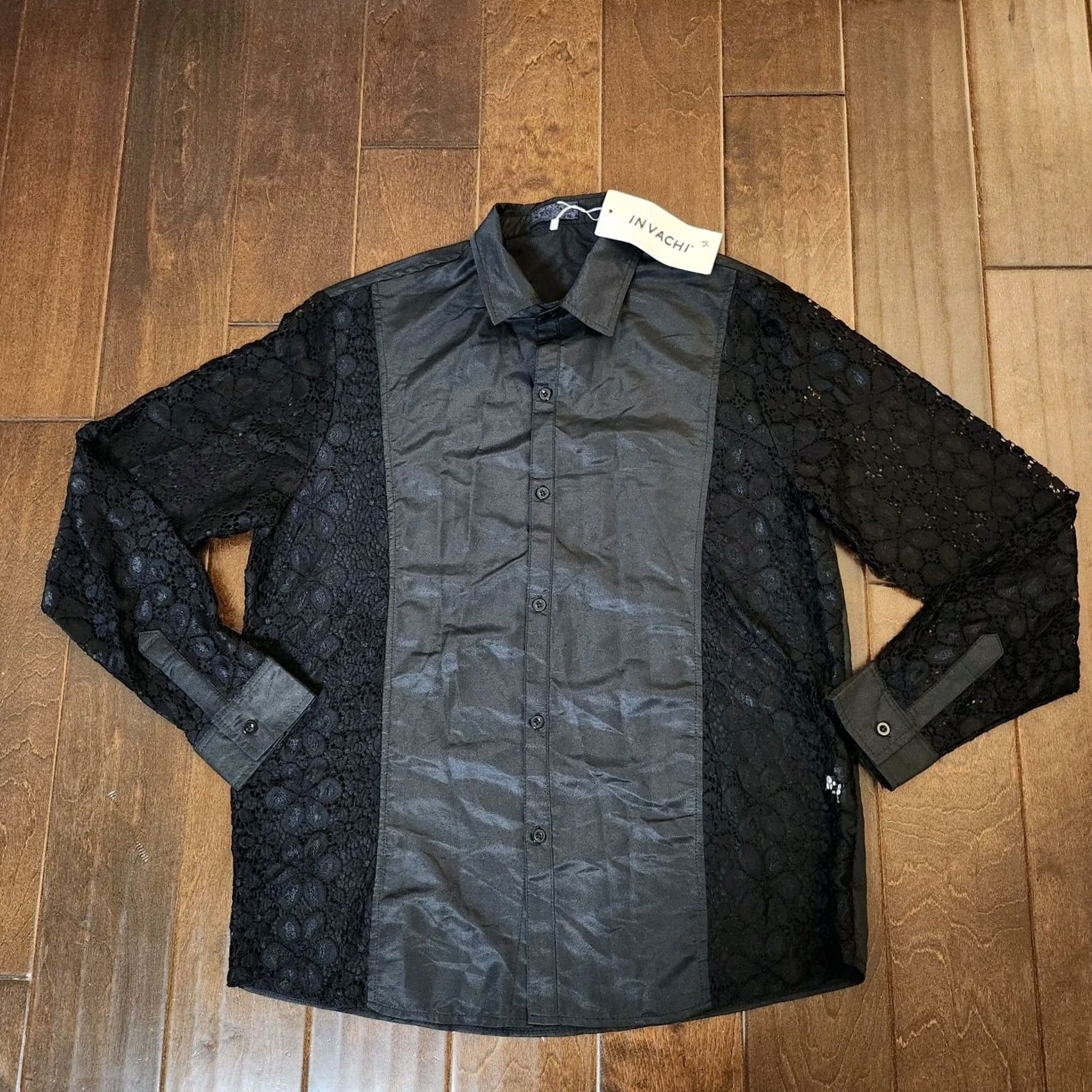 Shein SheIn Men’s Black Floral Laced Button-Up Shirt - Size M, Long Sleeve, Polyester Spandex, Casual Formal Business, Regular Fit Size US M / EU 48-50 / 2 - 3 Thumbnail