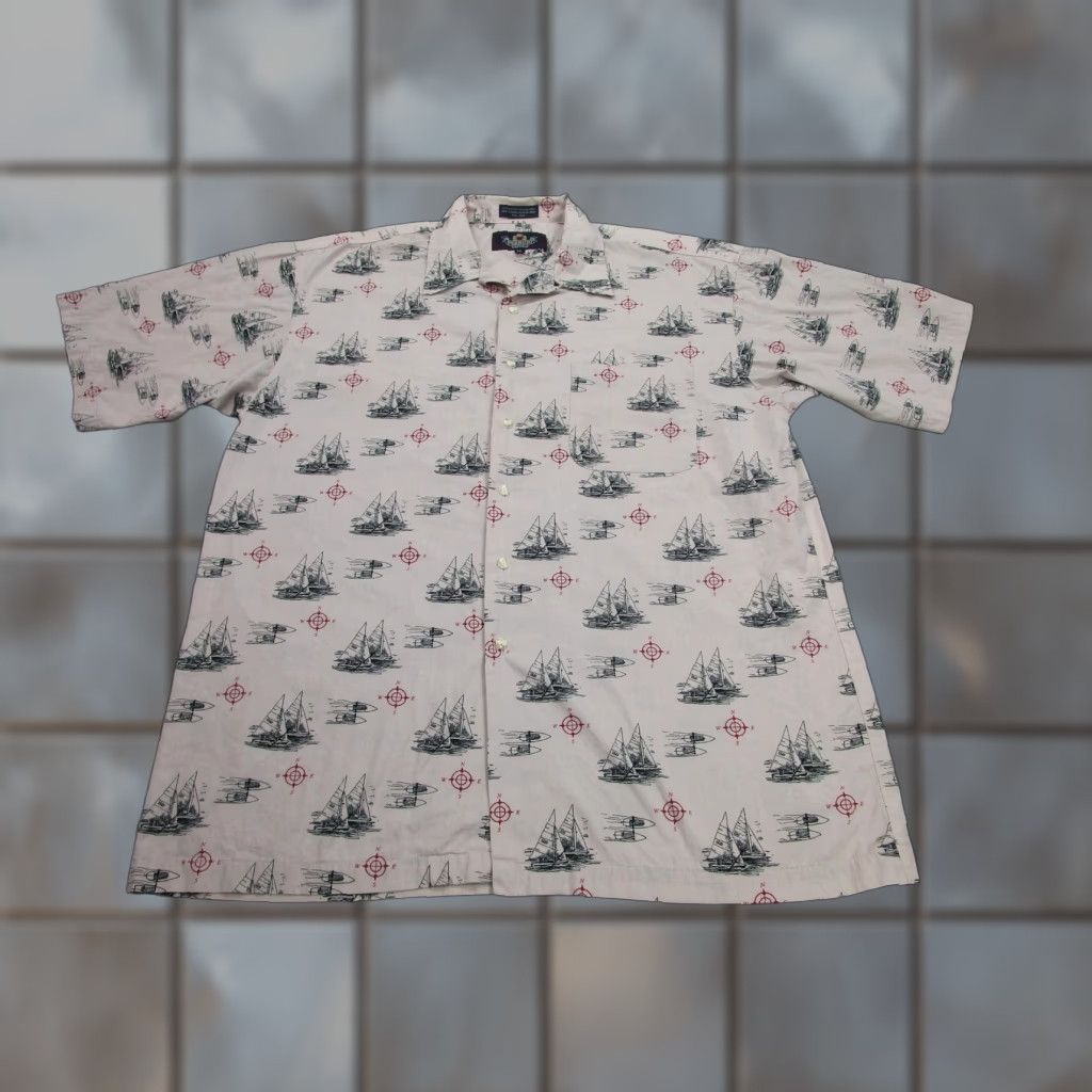 Nautica Perruzo Natural Shirt Mens XL Beige Sailboat Nautical Short Sleeve Outrigger Button-Up Christmas? (no not include) Size US XL / EU 56 / 4 - 1 Thumbnail