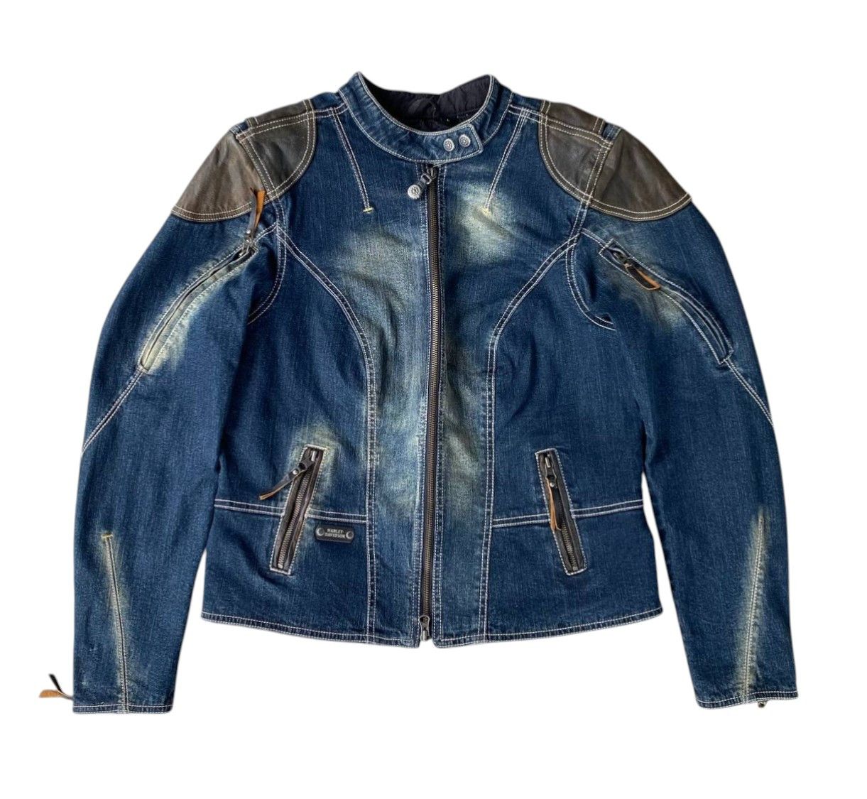 Harley Davidson Y2K Harley-Davidson Women Biker Jacket Denim Leather Studded Size L / US 10 / IT 46 - 2 Thumbnail