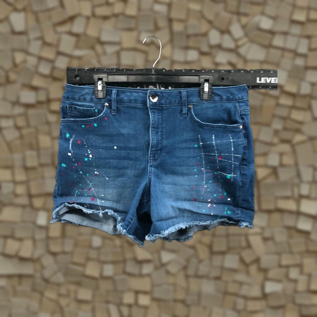 Vintage Seven7 Cut-Off Shorts Womens Size 14 Mid Rise Medium Wash Blue Paint Splatter Denim Shorts Casual 14 Womens Boys Girls? Size 36" / US 14 / IT 50 - 1 Thumbnail