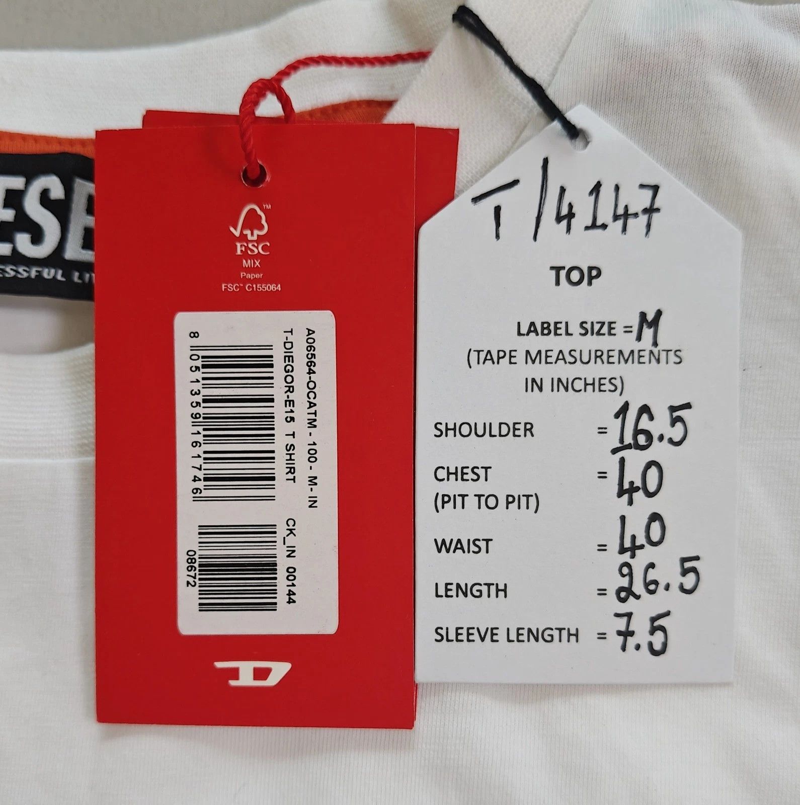 Diesel DIESEL White T-Shirt With Logo Patch T 4147 Size US M / EU 48-50 / 2 - 5 Thumbnail