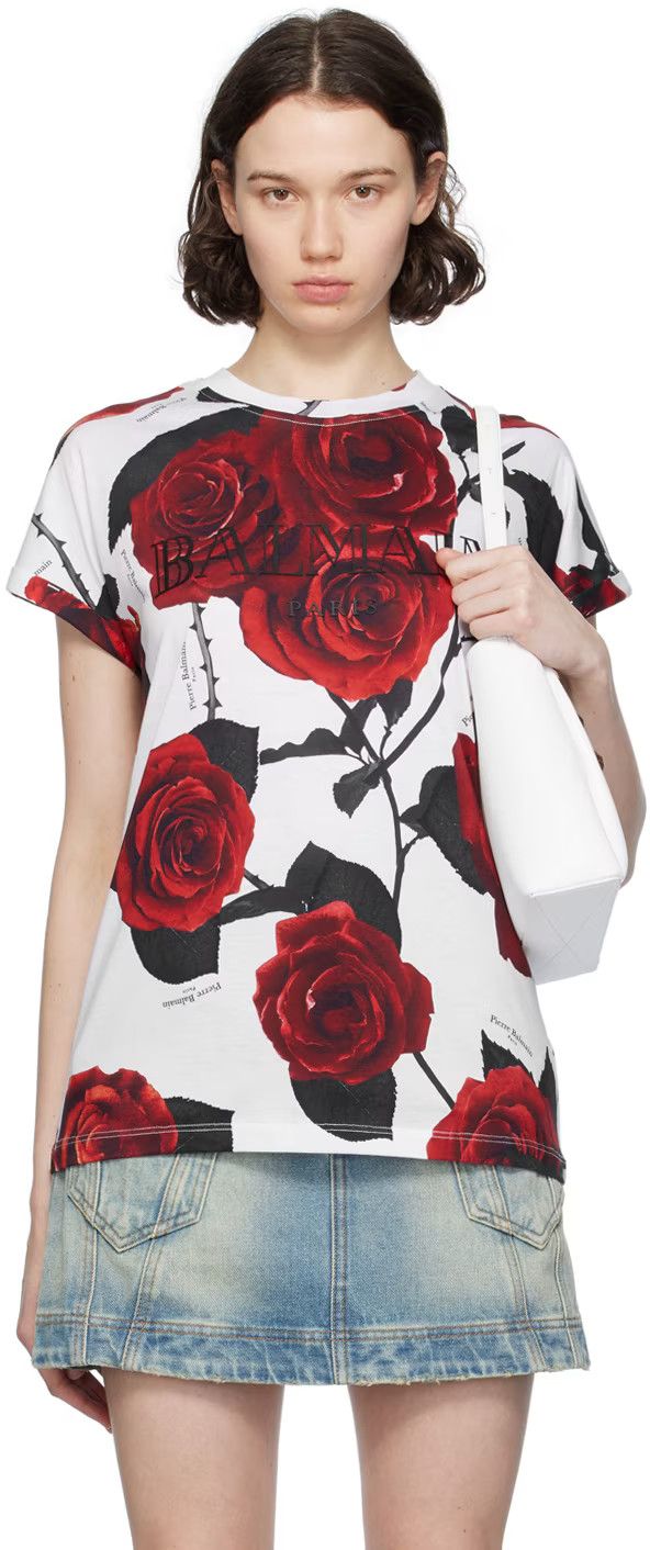 Balmain o1s1wg110125 Rose Print T-Shirt in Multicolor Size M / US 6-8 / IT 42-44 - 1 Thumbnail