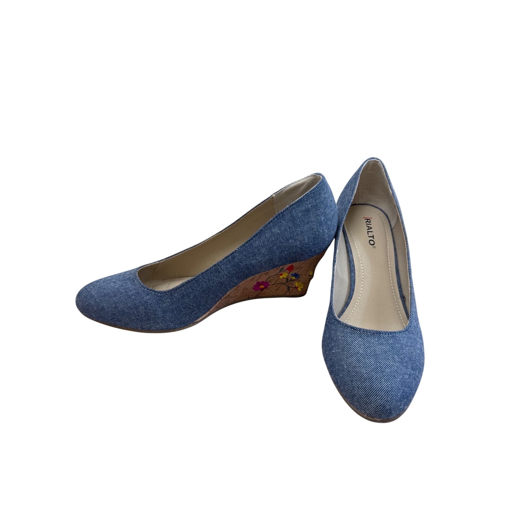 Designer Rialto Womens Blue Denim Floral Cork 3" Wedge Heel Shoes Siz Size US 9.5 / IT 39.5 - 2 Thumbnail