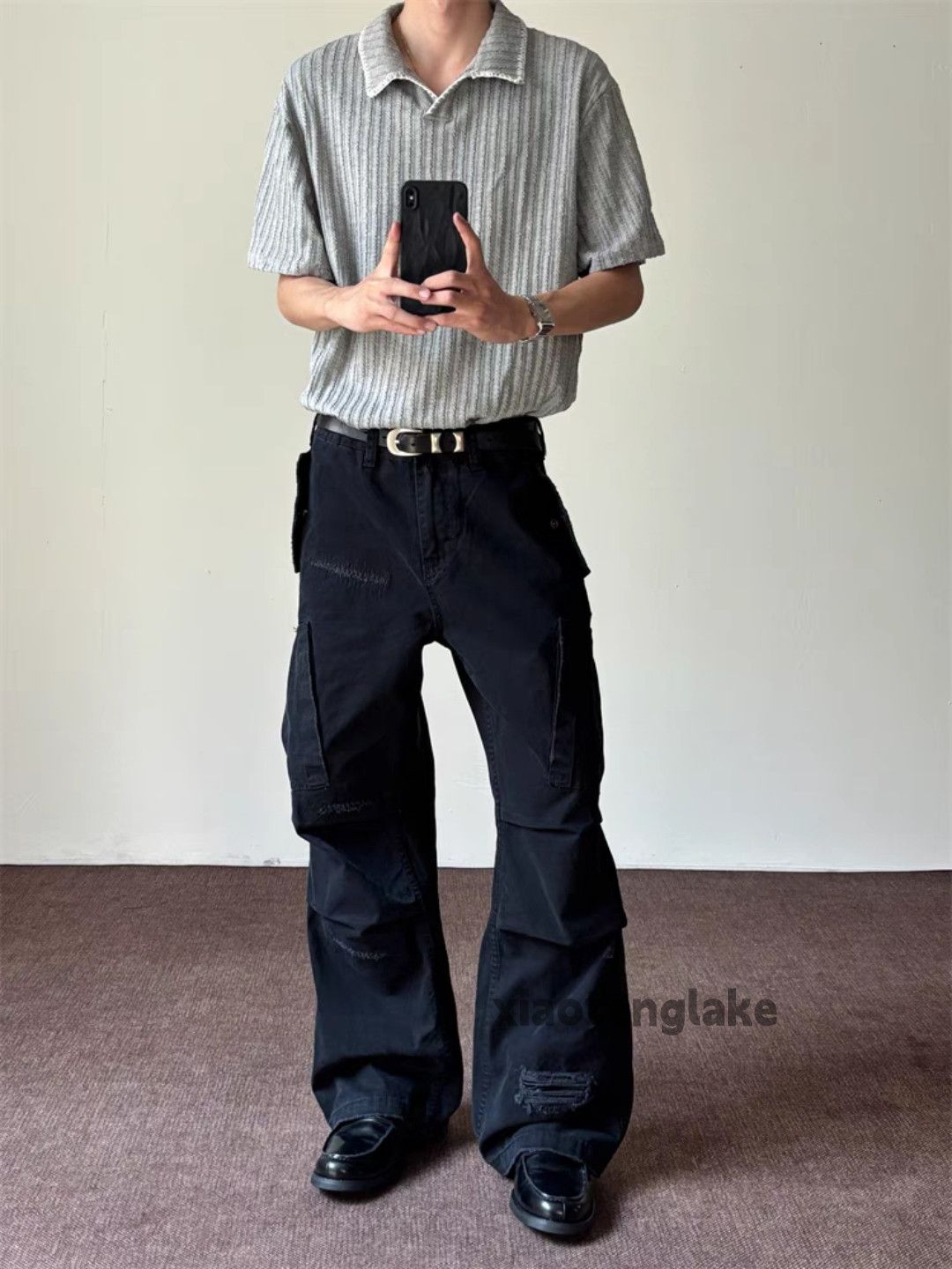 Unisex utility loose baggy cargo ripped damaged pants