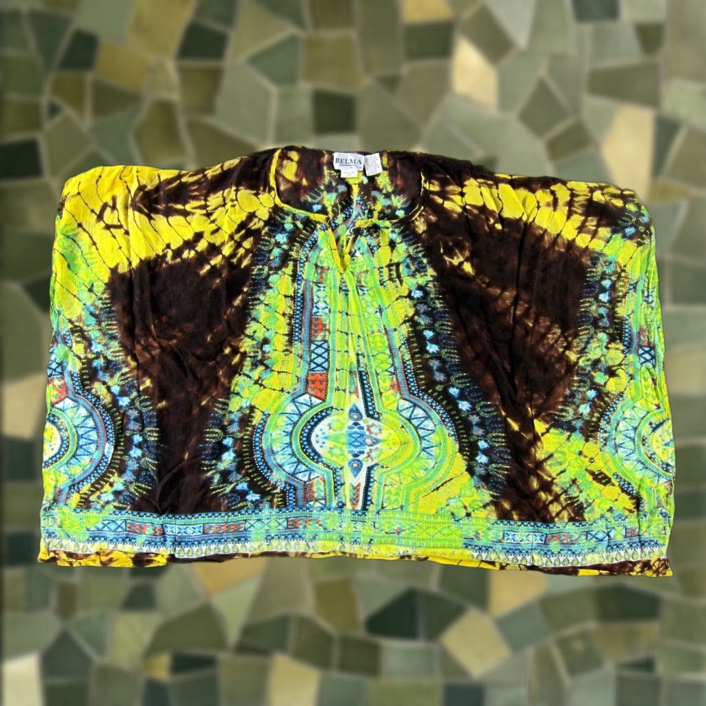 Vintage VINTAGE Belma Blouse Kimono Shirt M-L Yellow 100% Rayon Tie Dye Floral Bell Sleeve Women's Blouse Size M / US 6-8 / IT 42-44 - 1 Thumbnail