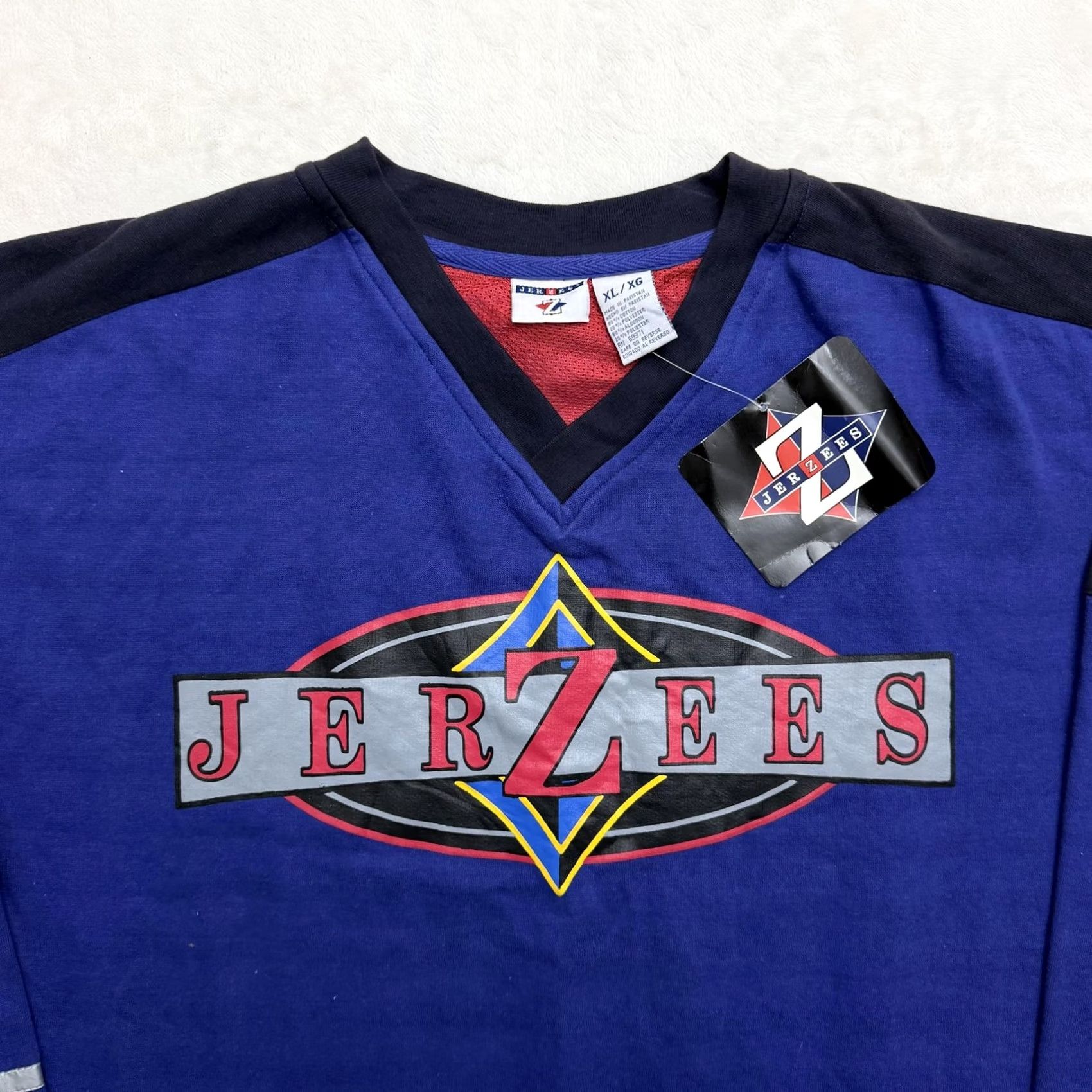 Jerzees VINTAGE Jerzees Shirt Mens XL Blue Long Sleeve V-Neck Hockey Jersey Graphic Logo Size US XL / EU 56 / 4 - 2 Thumbnail
