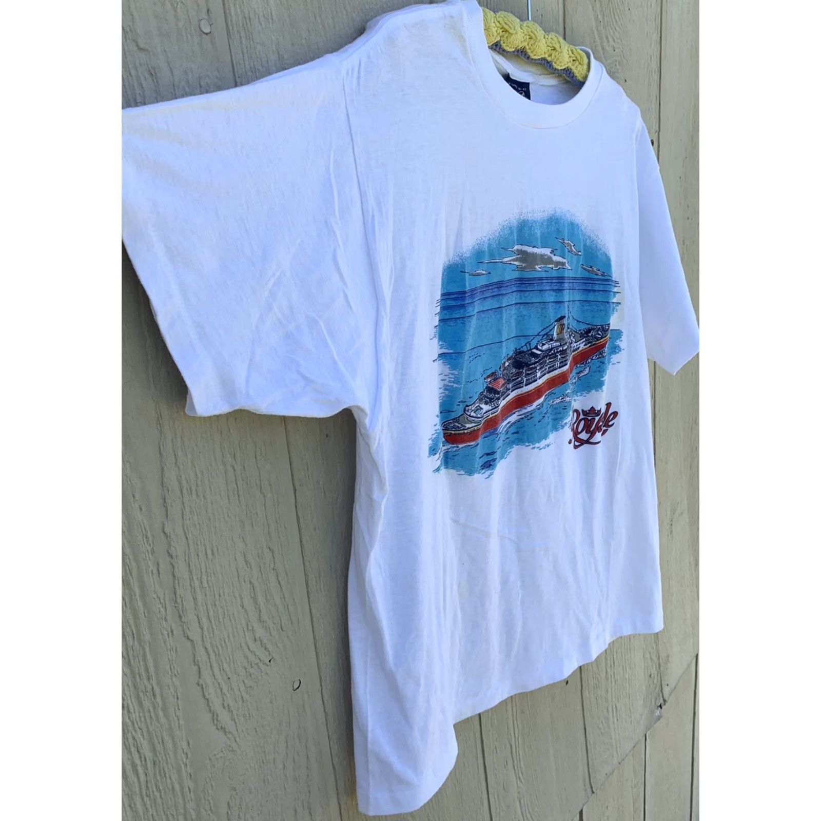 Vintage VINTAGE Sneakers T-Shirt, Star Ship Royal graphic tee, 80s, XL, White, Men, Short Sleeve, Single Stitch, Cotton/Polyester Blend, Made in USA Size US XL / EU 56 / 4 - 5 Thumbnail