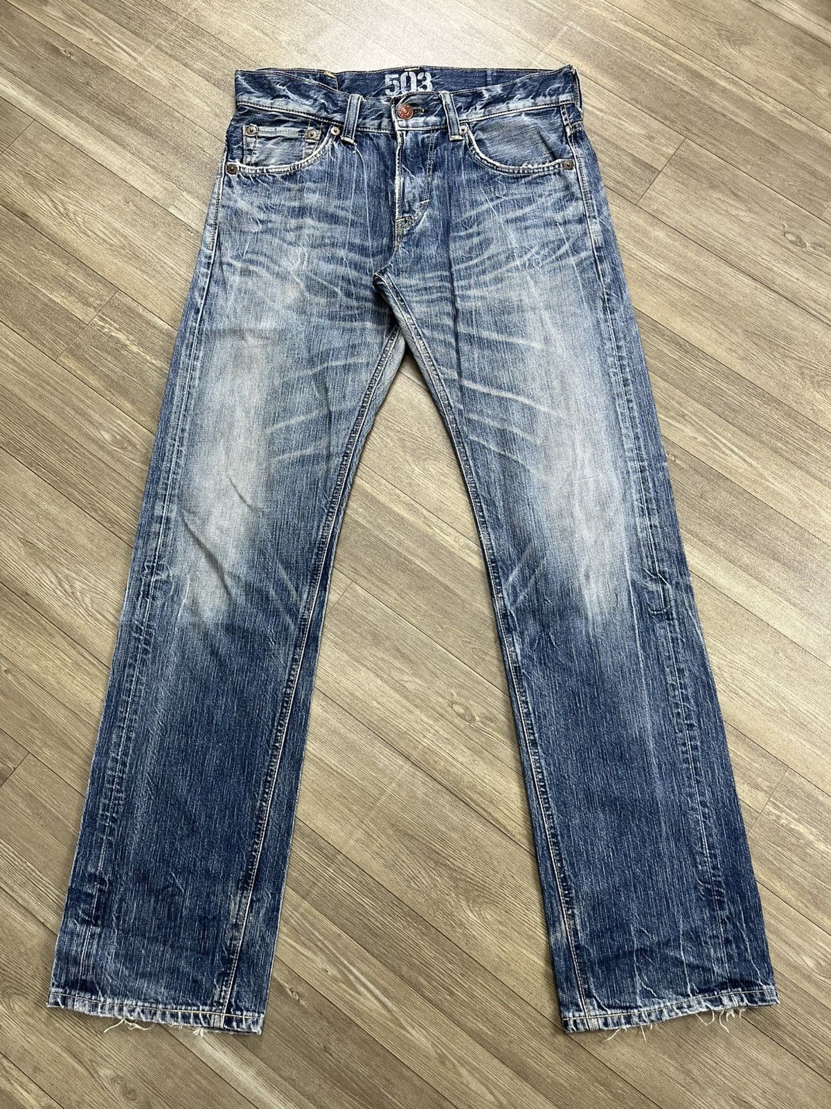 If Six Was Nine 2000s Edwin 503 Distressed Punk Faded Bootcut Flared Jeans Size US 33 - 1 Thumbnail