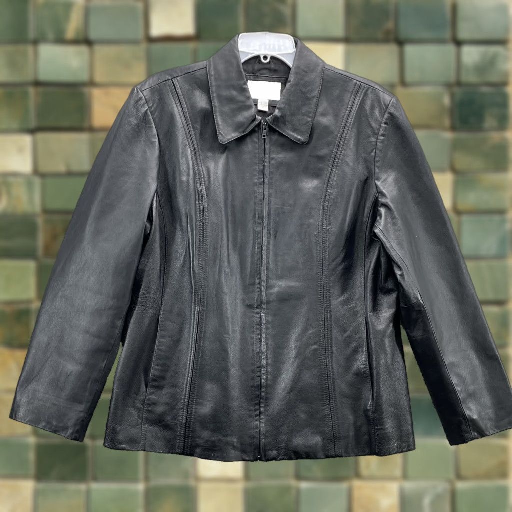 Worthington Worthington 100% Leather Jacket Women XL Short Minimal Academia Fall Y2k Classic Jacket Women XL Black 90s Classic Size 40" / US 18 - 1 Thumbnail