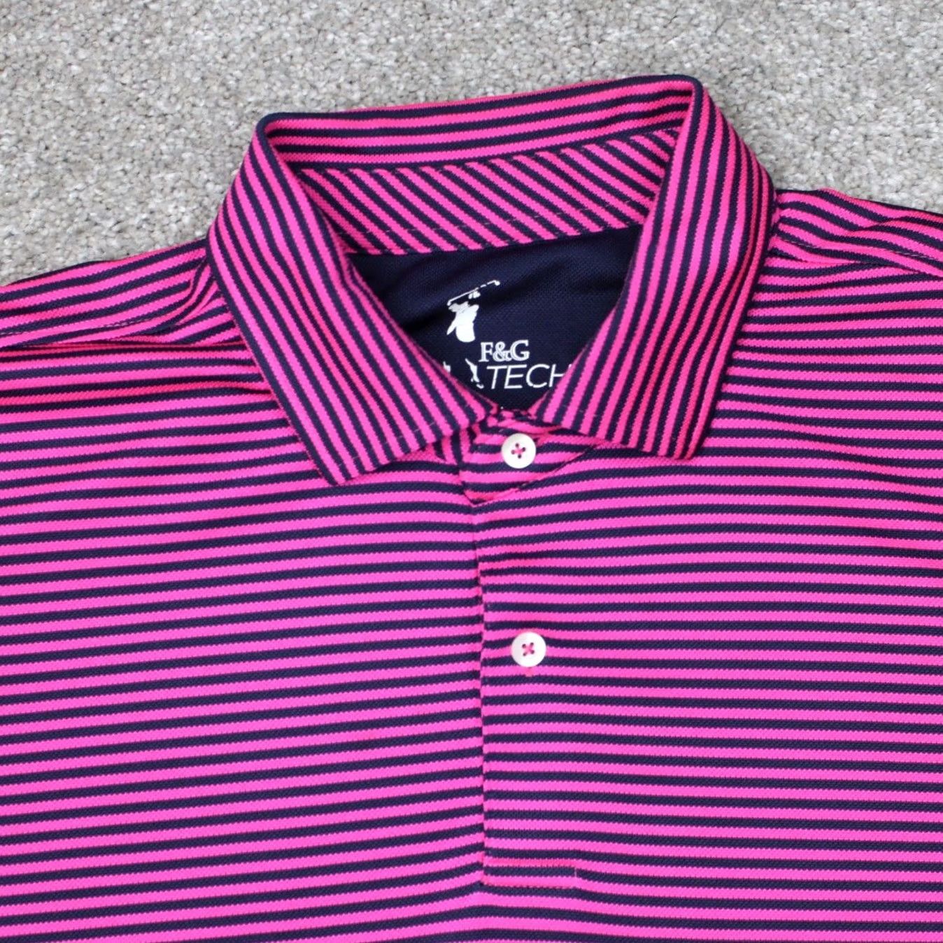 Vintage F&G Tech Polo Shirt Mens Large Pink/Blue Striped Wicking Polyester Short Sleeve Shirt Size US L / EU 52-54 / 3 - 6 Thumbnail