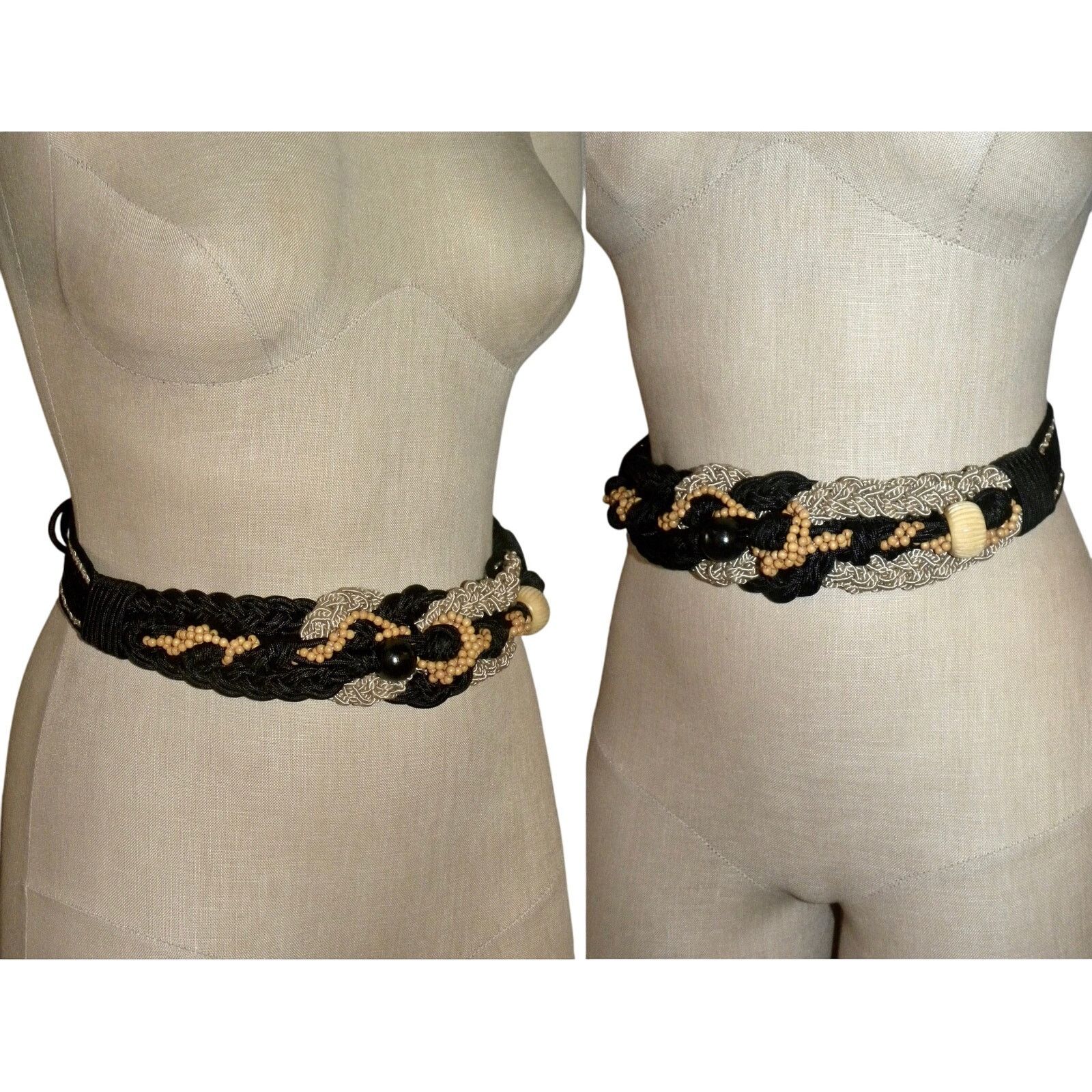 Vintage 80s Boho Cord & Wood Bead Belt | Art to Wear Gypsy Black Tan Size ONE SIZE - 5 Thumbnail