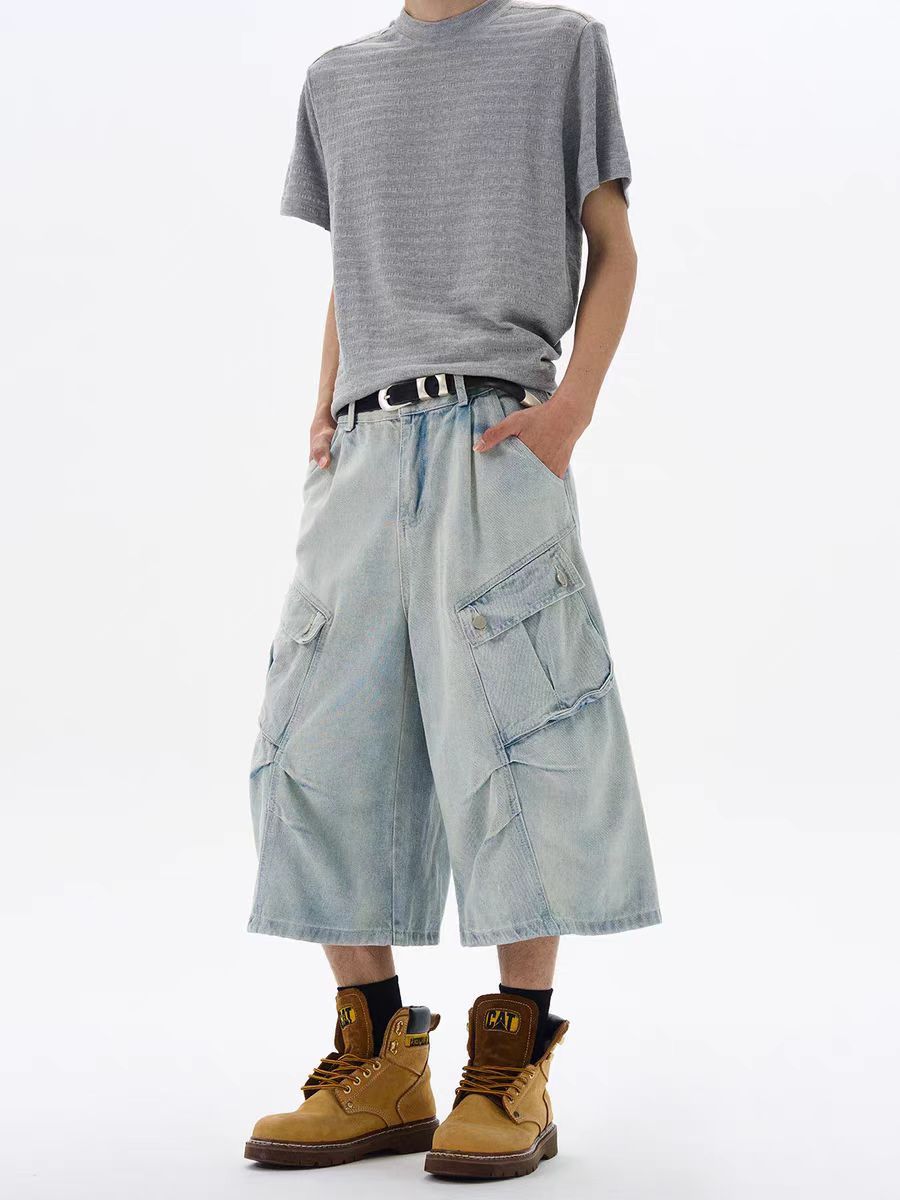 Japanese Brand Washed and distressed frayed baggy 7-minute denim shorts Size US 30 / EU 46 - 1 Thumbnail