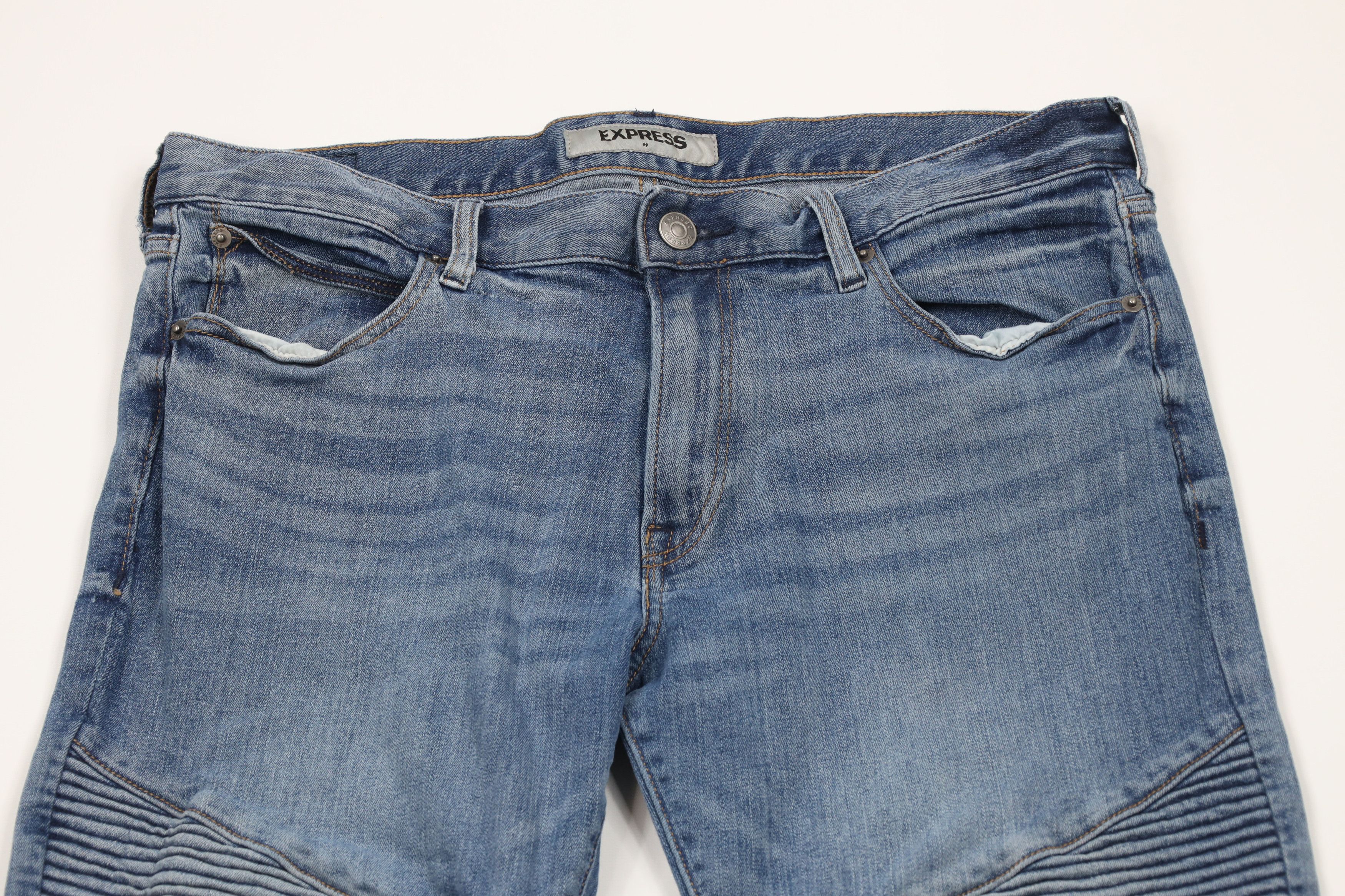 Express × Vintage Express Skinny Leg Ribbed Moto Motorcycle Denim Jeans Blue Size US 34 / EU 50 - 2 Thumbnail