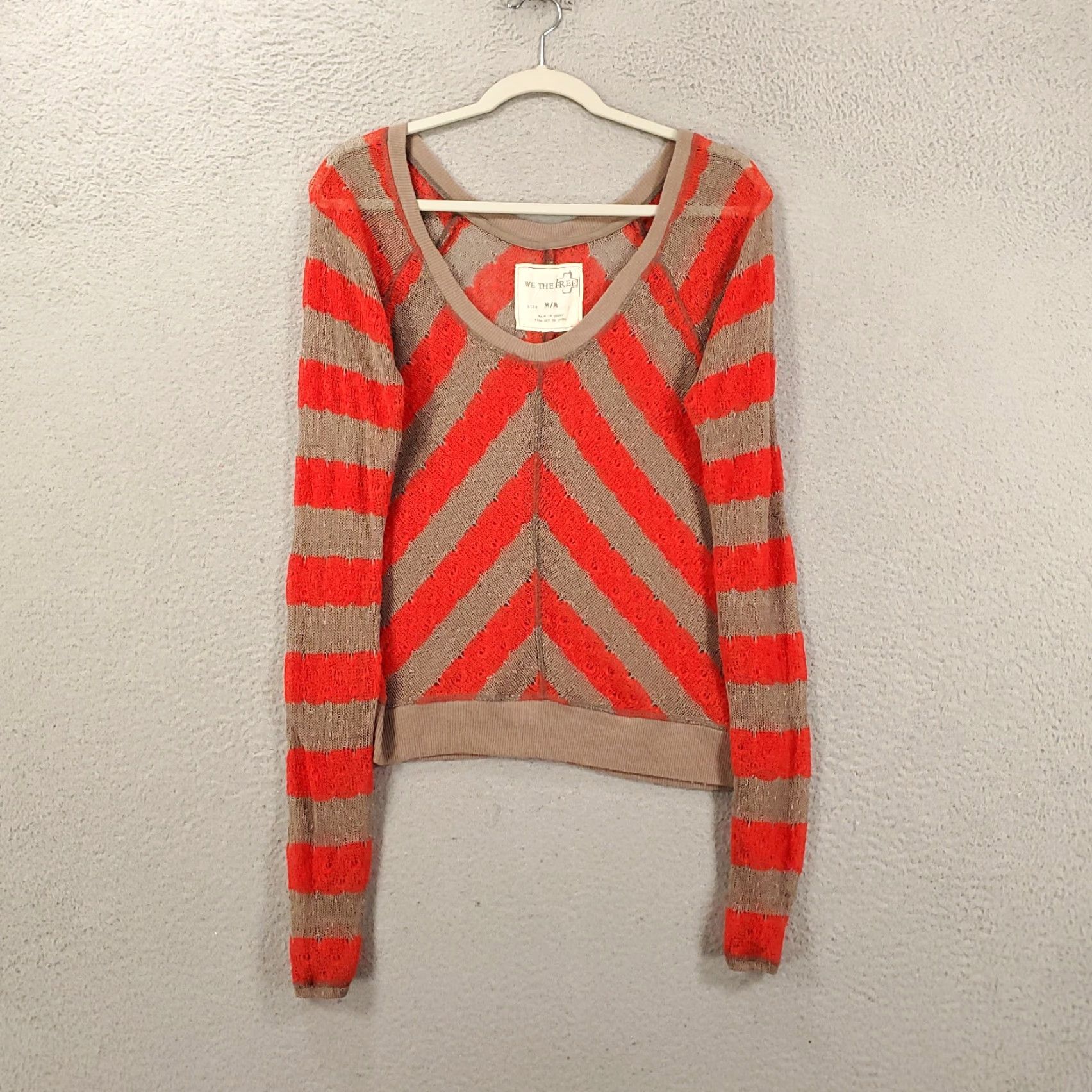 Vintage We The Free Top Womens M Orange Gray Striped Chevron Sheer Sweater Size M / US 6-8 / IT 42-44 - 2 Thumbnail