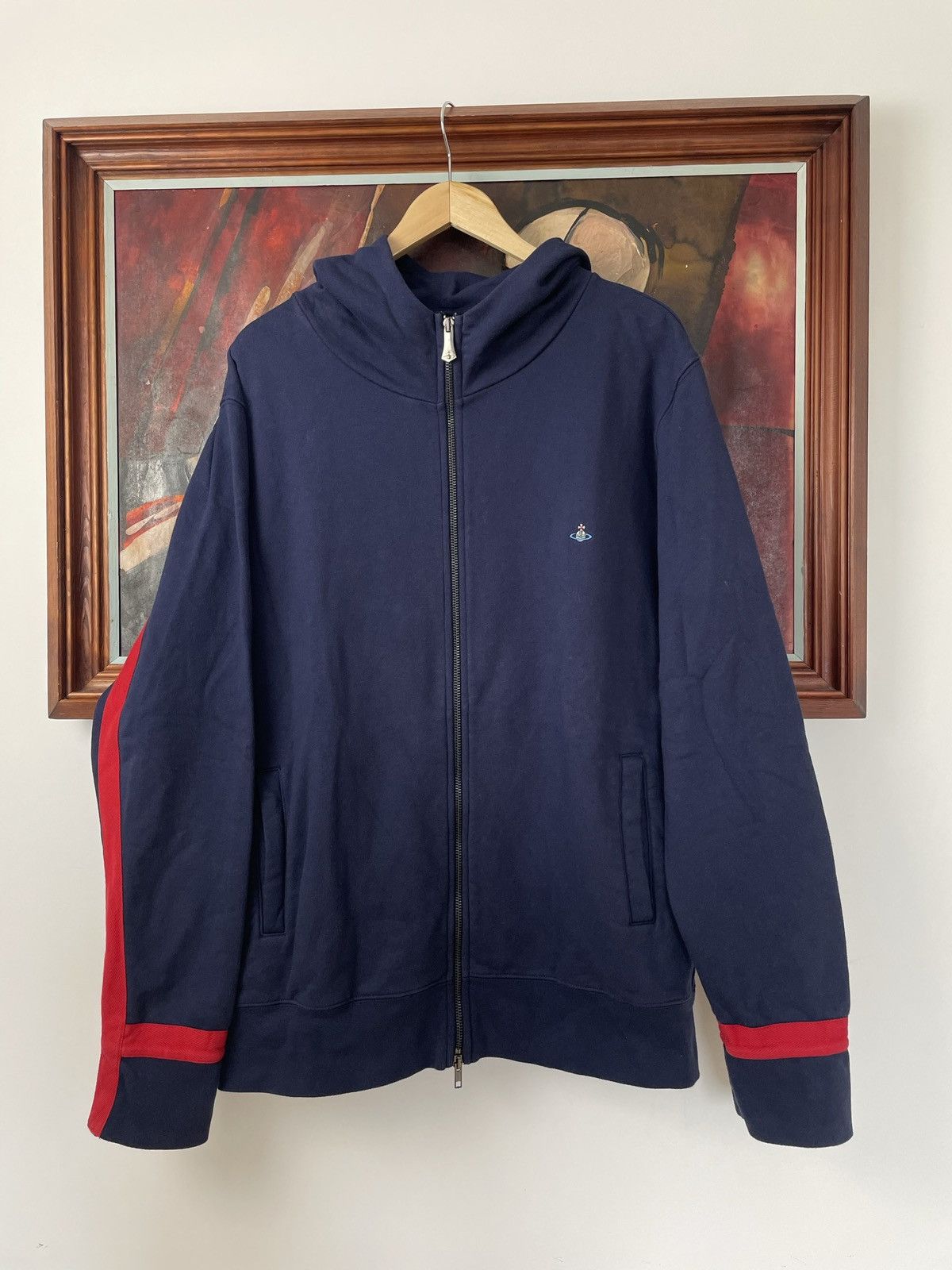 image of Vivienne Westwood Zip Up Hoodie Navy Red Designer Hype, Men's (Size XL)