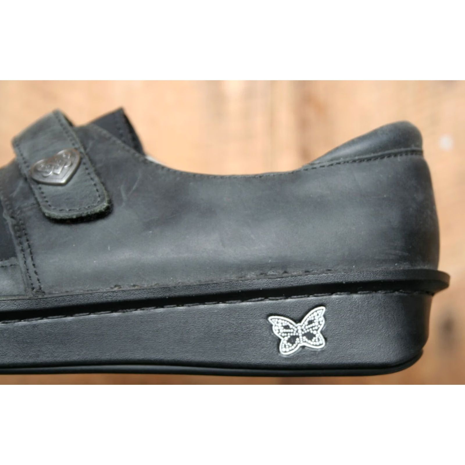 Vintage ALEGRIA Brenna Black Oiled Leather & Neoprene Loafers EVAR 38 ≈ US 8 Women Leather, Neoprene Loafer Casual Hook & Loop Women Size US 8 / IT 38 - 7 Thumbnail