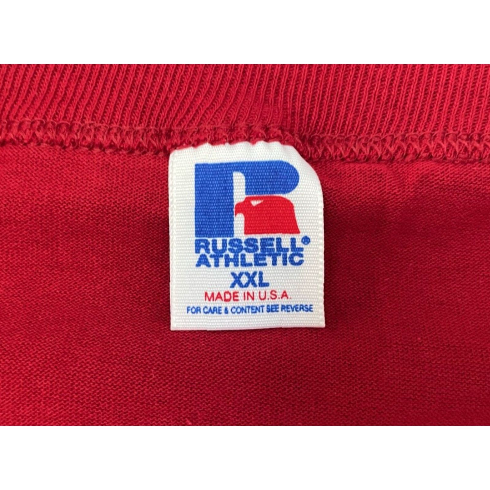Russell Athletic VINTAGE Russell Athletic T-Shirt Mens XXL Deadstock NWOT 90s Made in USA Cardinal Red Crew Neck Short Sleeve 34" long 24" across 9" arms Mens Size US XXL / EU 58 / 5 - 2 Thumbnail