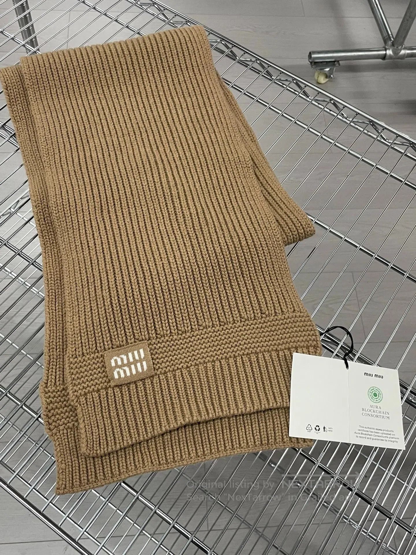 Miu Miu MiuMiu Camel Ribbed Knit Logo Scarf. Size ONE SIZE - 1 Thumbnail