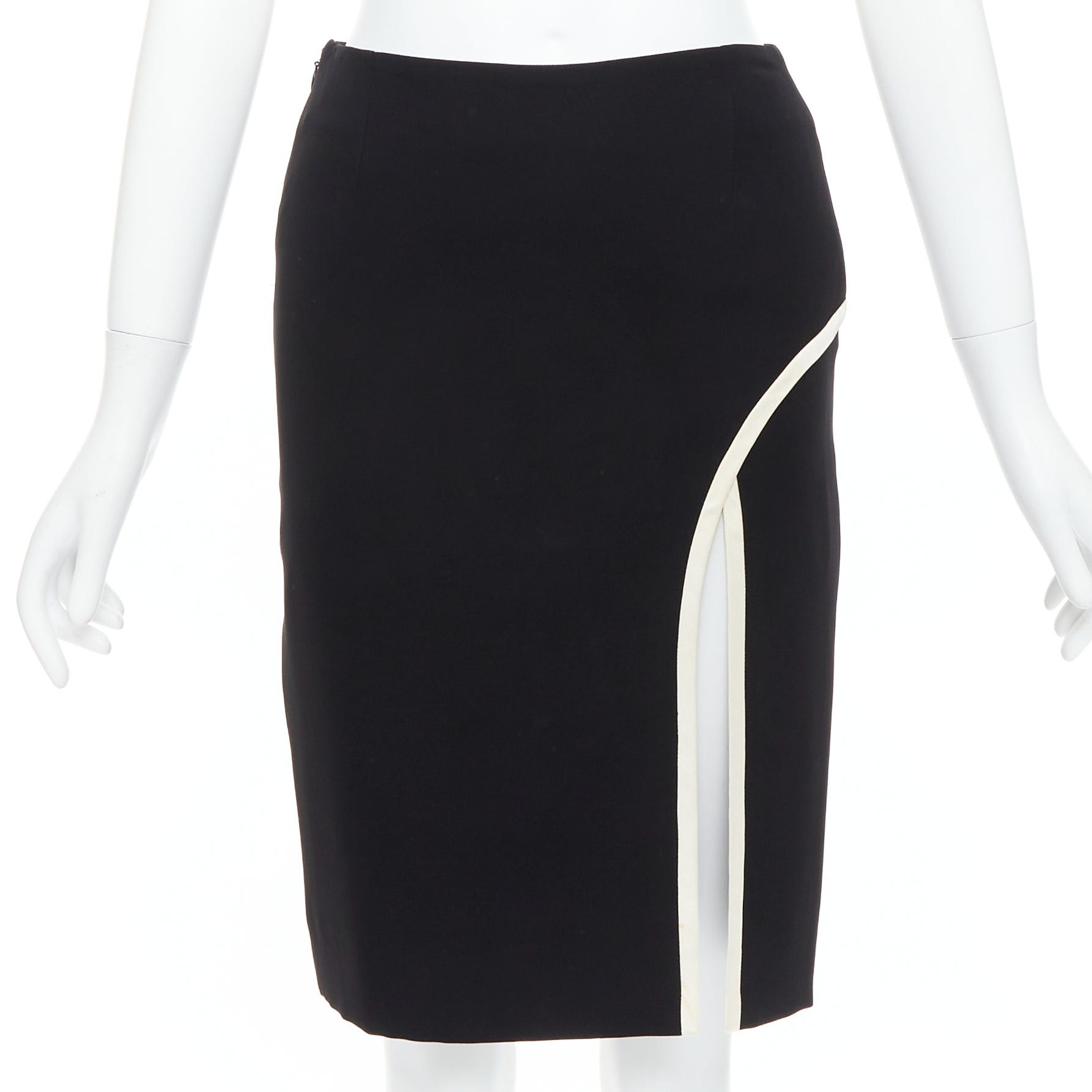 Lanvin LANVIN 2017 Cady black cream trim front slit high waist pencil skirt FR34 XS Size 26" / US 2 / IT 38 - 1 Thumbnail